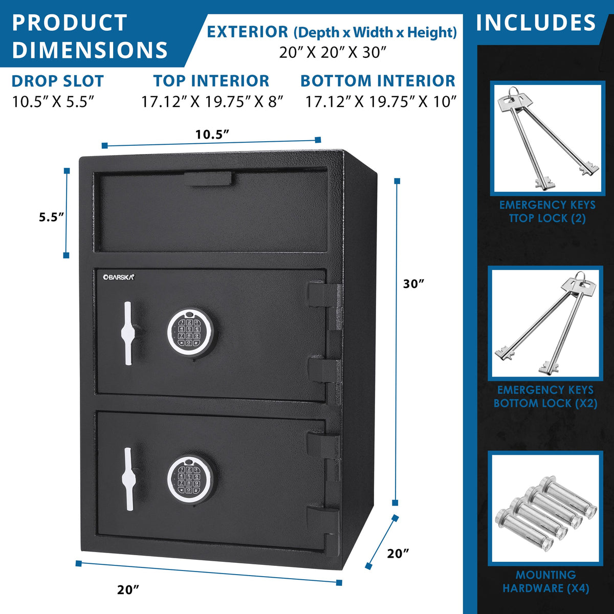 Barska - Large Digital Depository Safe with Drop Slot-Solid Steel, Dual Keypad Access, 5 Deadbolts - Black