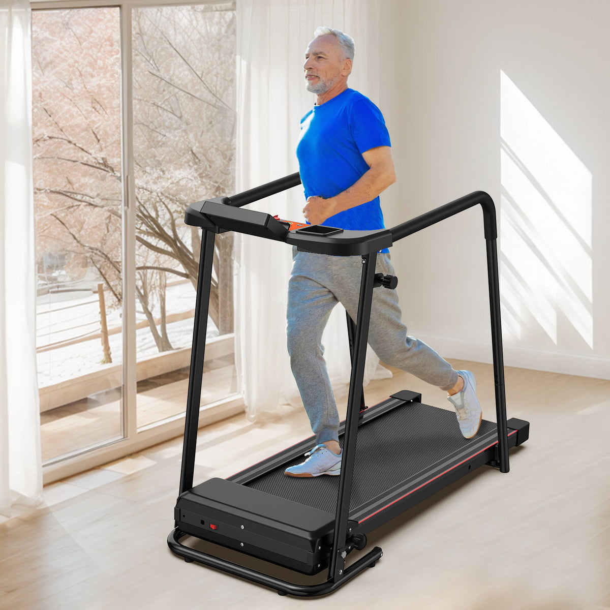 Cinta de correr doméstica con pasamanos extendidos, diseño plegable portátil - Negro / Naranja