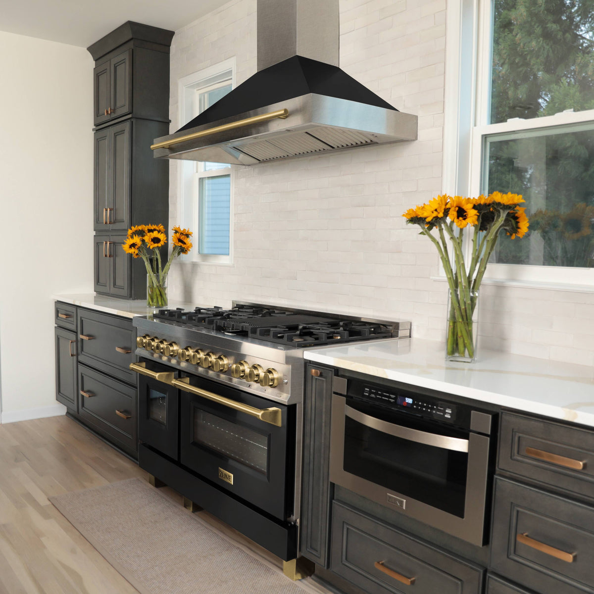 ZLINE - 48 in. Wide 7 Burner Autograph Legacy Dual Fuel Range in Satin Steel w/ Black & Gold Accents (RASZ-BLM-48-G) - Black Matte