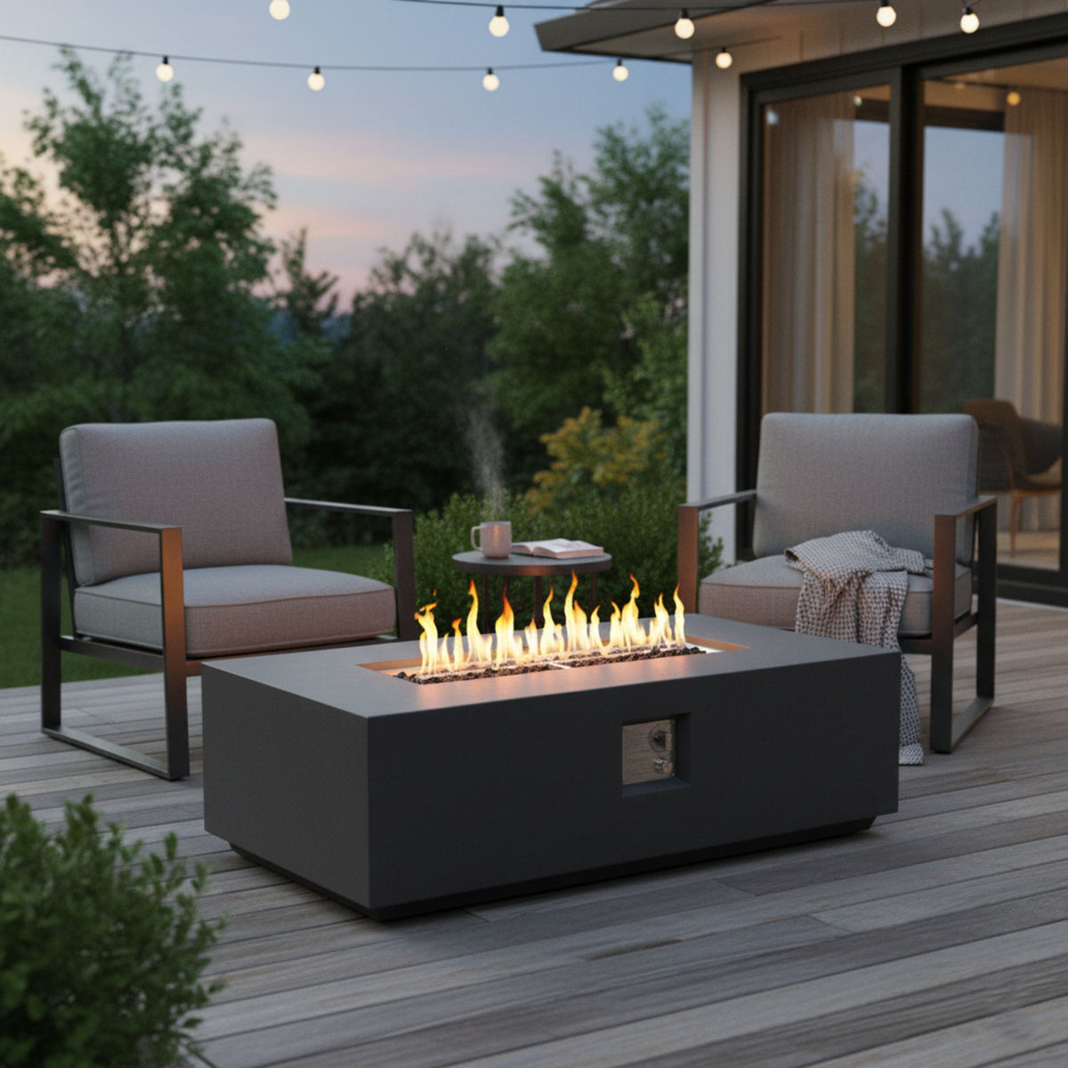 Volon - Rectangular Fire Pit Table, Propane Powered, 50,000 BTU - Light Gray