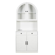 Tall Arched Pantry Cabinet With Charging Station, Adjustable Shelves, Coffee Bar With Open Countertop For Kitchen - White