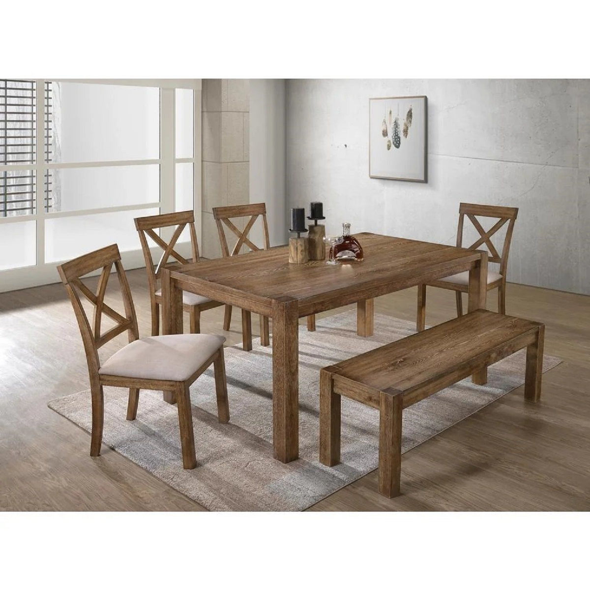Juego de comedor con mesa, banco y 4 sillas - Roble