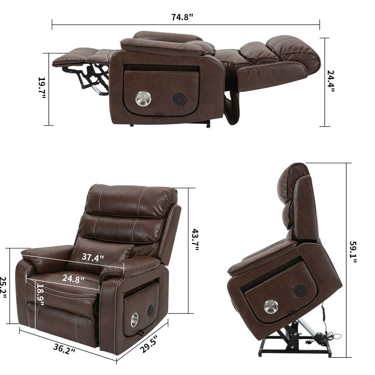 Sillón reclinable de 180 grados con carga inalámbrica, soporte lumbar y elevador de doble motor - Marrón