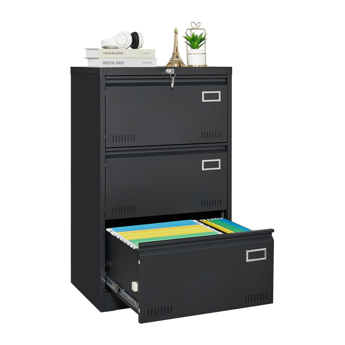 Archivador Gabinete lateral de archivos de 3 cajones, archivadores metálicos con cerradura de tres cajones, archivador de oficina con cajones con cerradura para oficina en casa