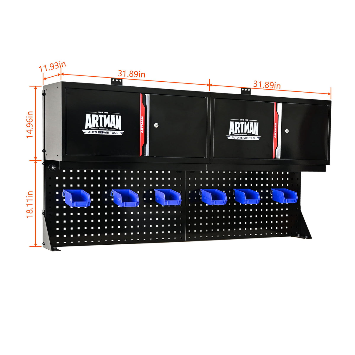 Wall Mounted Double Door Storage Cabinet With Tool Rack And Hooks, Stainless Steel - Black / Red