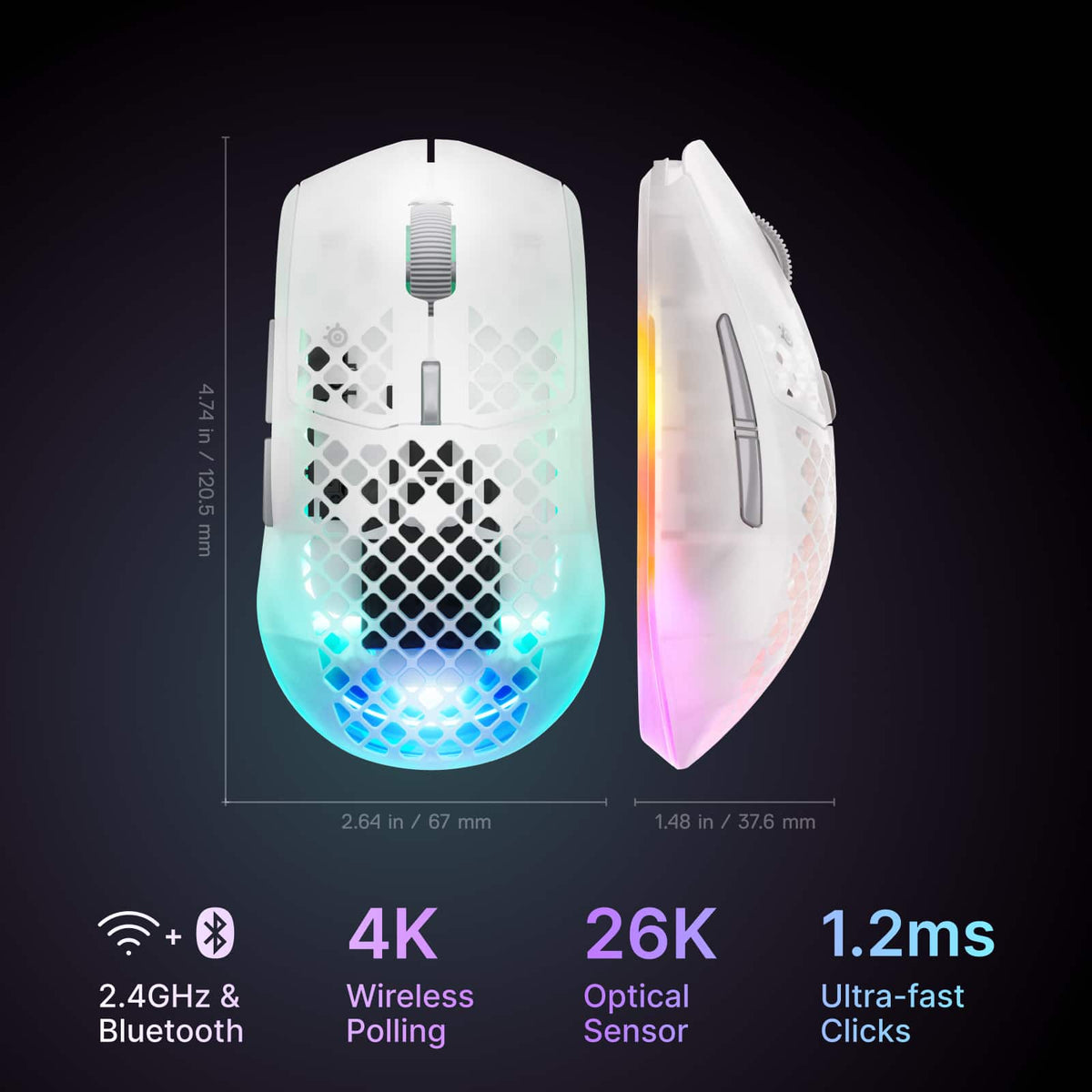 SteelSeries - Aerox 3 Wireless Gen 2 RGB 26K Optical Gaming Mouse with AquaBarrier Protection - Dual 2.4GHz/Bluetooth for PC/Mac - Wireless - Ghost