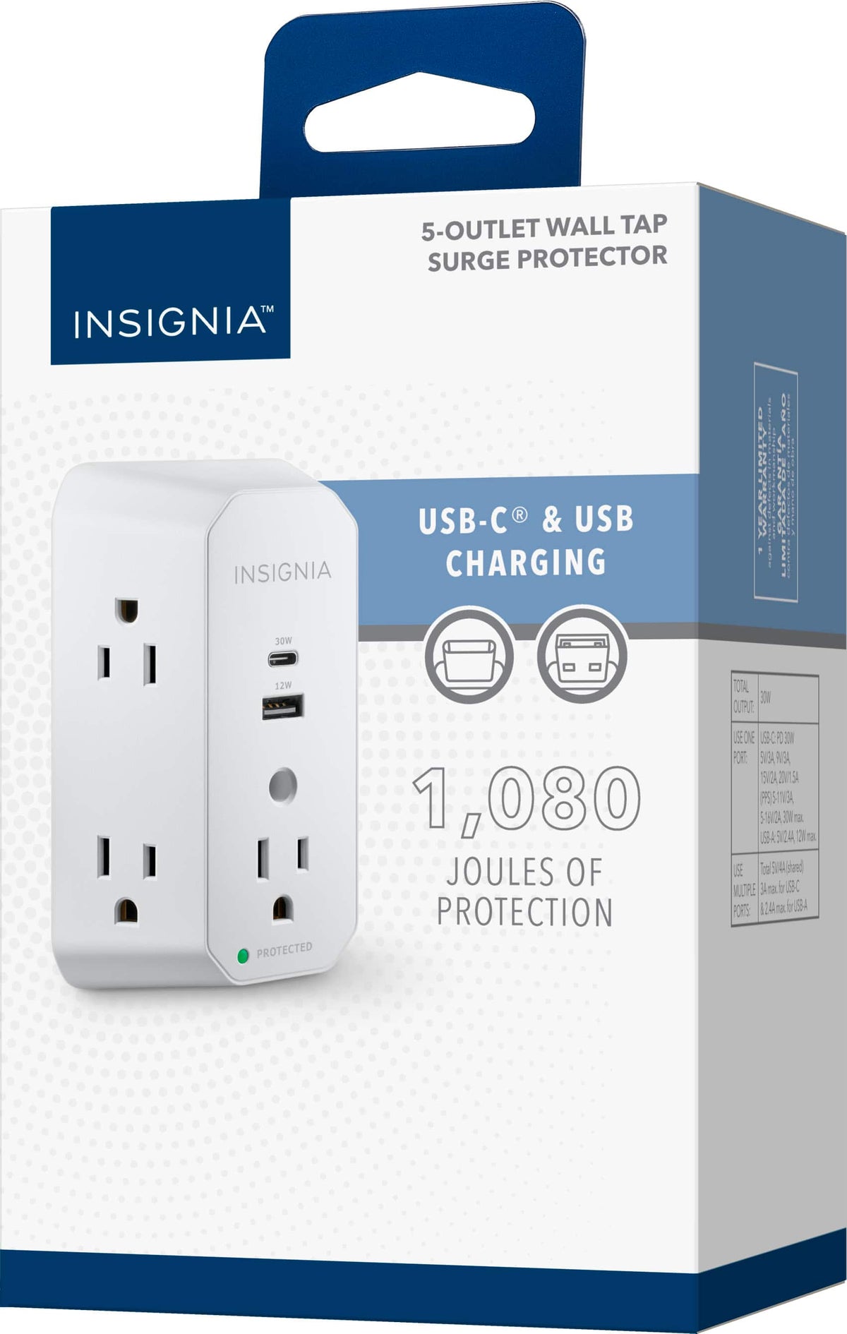 Insignia™ - 5-Outlet / 1-USB-C / 1-USB Wall Tap 1,080 Joules Surge Protector - White