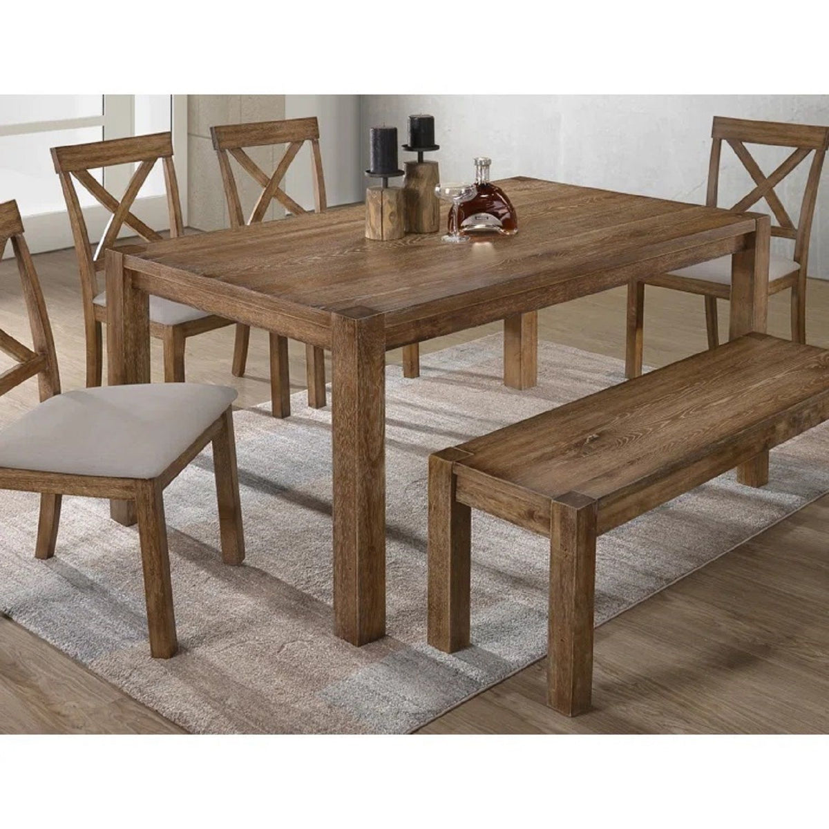 Juego de comedor con mesa, banco y 4 sillas - Roble