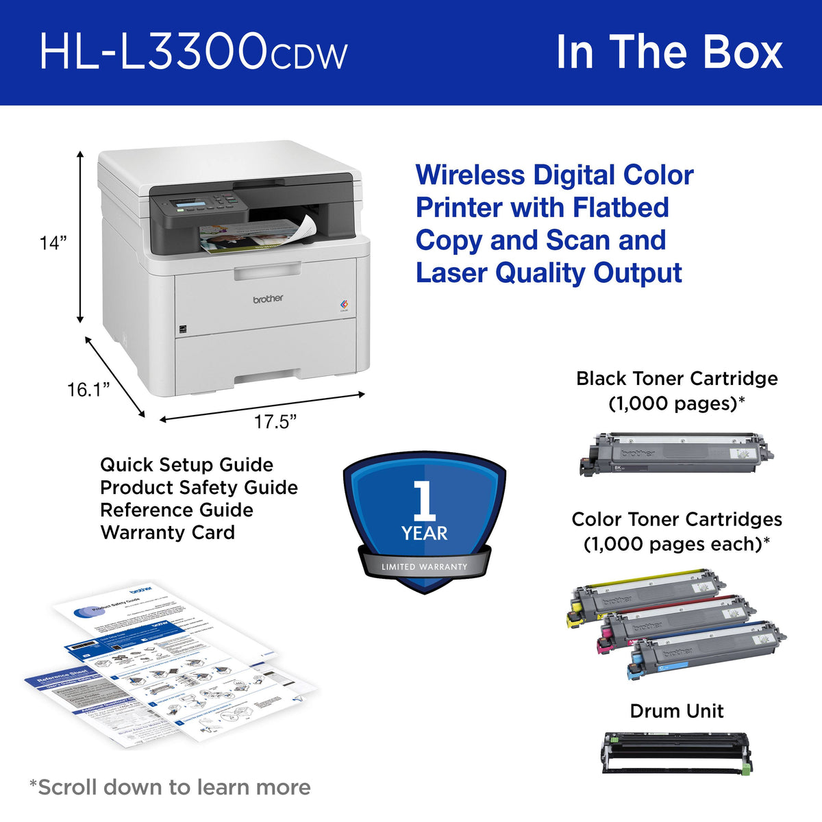 Brother - HL-L3300CDW Wireless Digital Color Printer with Laser Quality Output & Convenient Copy/Scanning, Great for Small Offices - White