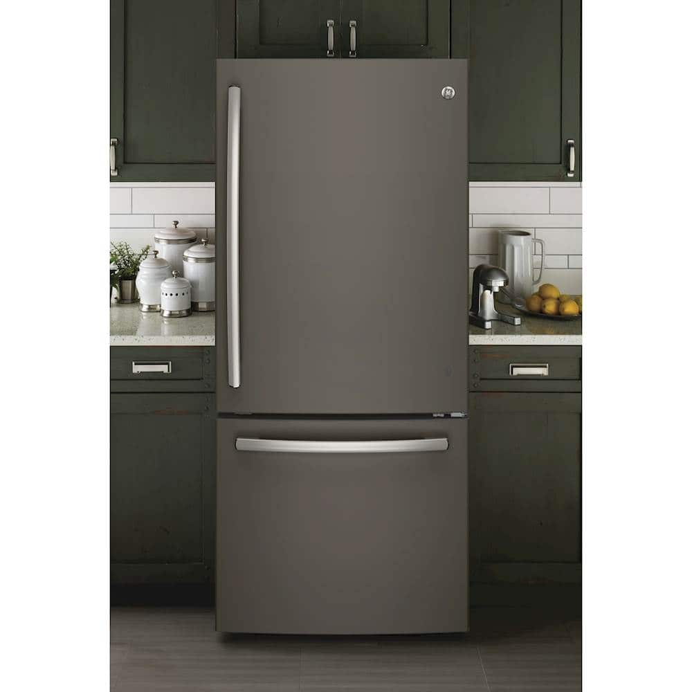 GE - 30 in. Wide 21.0 Cu. Ft. Bottom-Freezer Refrigerator with Sliding Snack Drawer - Slate