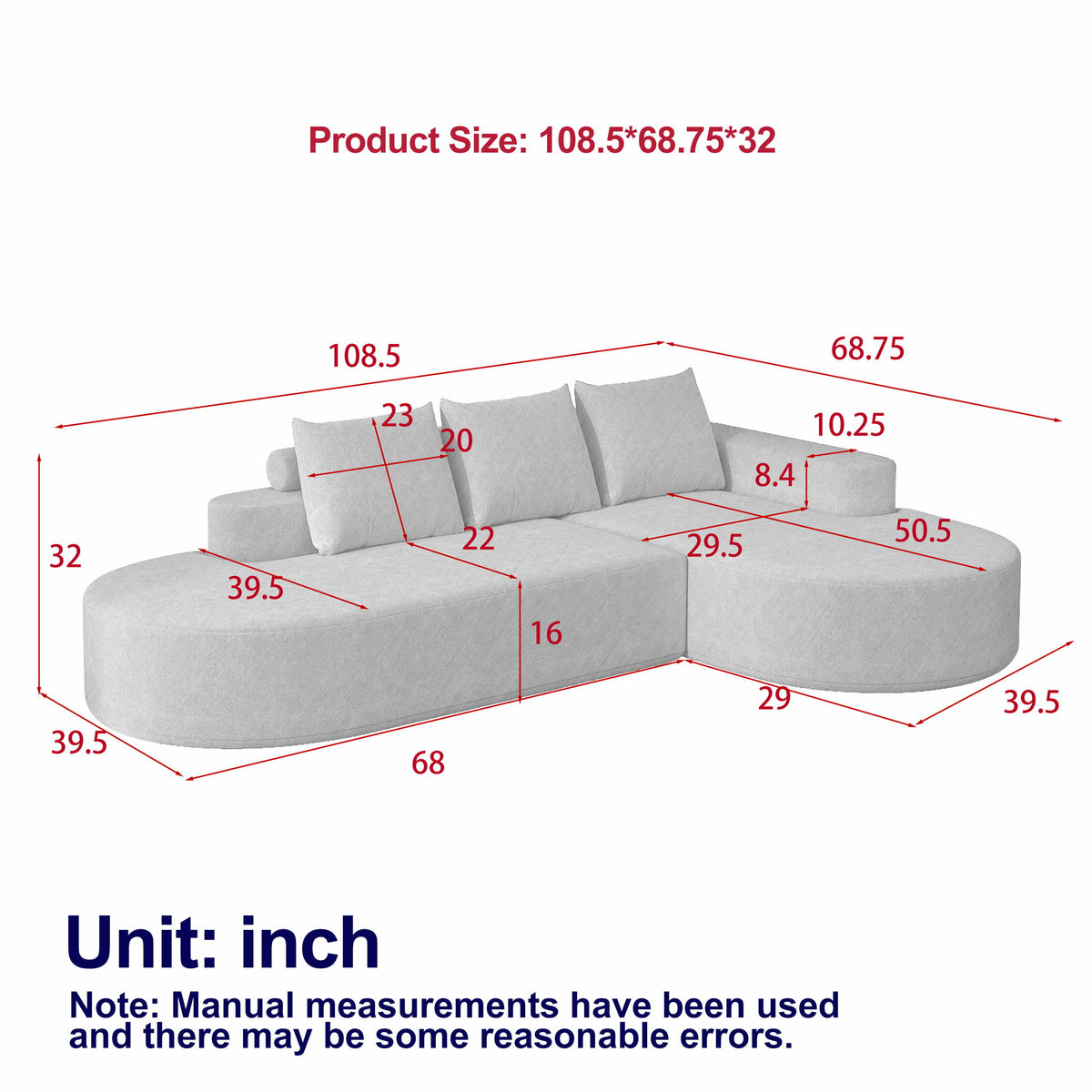 Sofá Curvo Moderno, Juego Seccional Modular en Forma de L Con 3 Almohadas