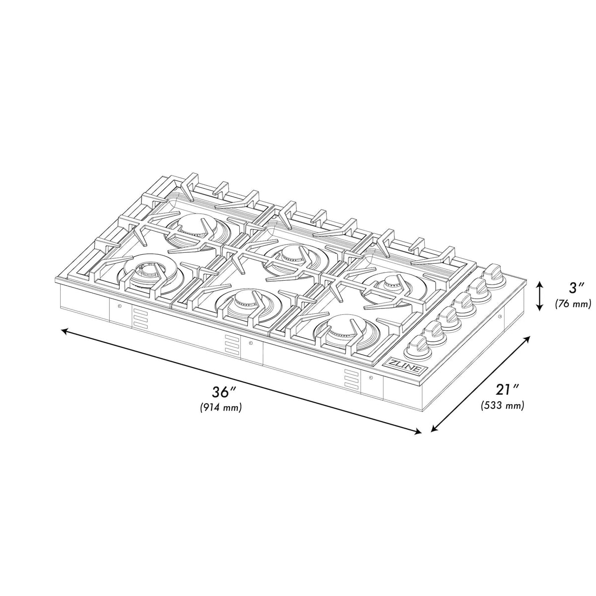 ZLINE - 36 in. Wide 6 Burner Gas Cooktop withPorcelain Top (RC36-PBT) - Black