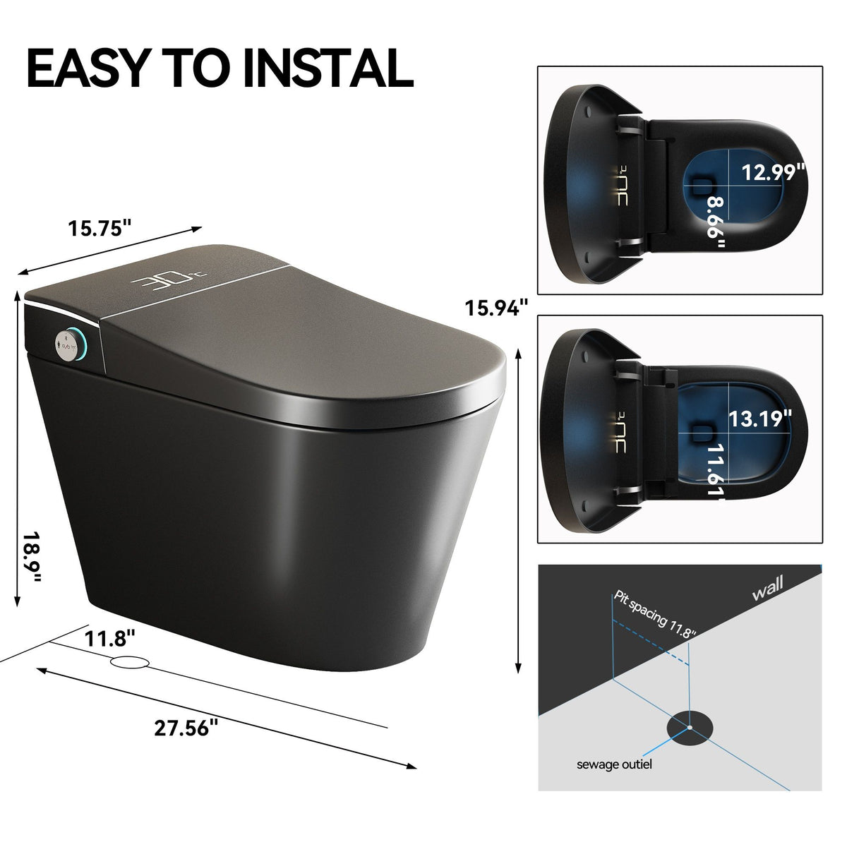 Inodoro inteligente con bidé con asiento de apertura/cierre automático, lavado con agua tibia, asiento con calefacción y control remoto inalámbrico