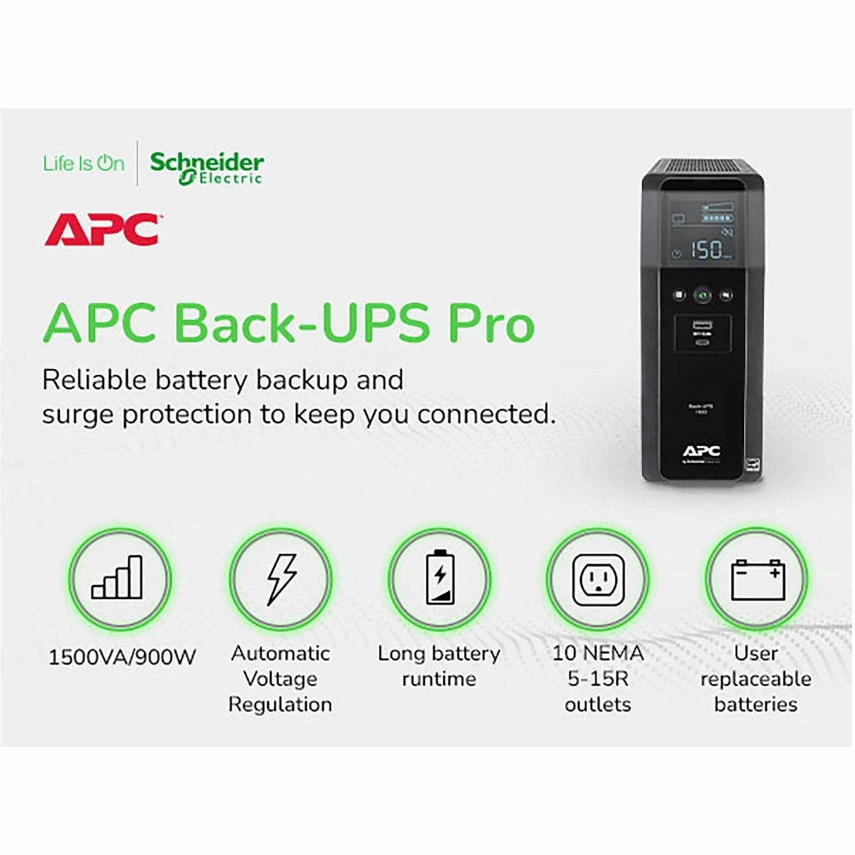 APC - UPS Battery Backup Pro, 1500VA/900W, Tower, 10 Outlets, LCD Display, USB-A + USB-C ports - Black