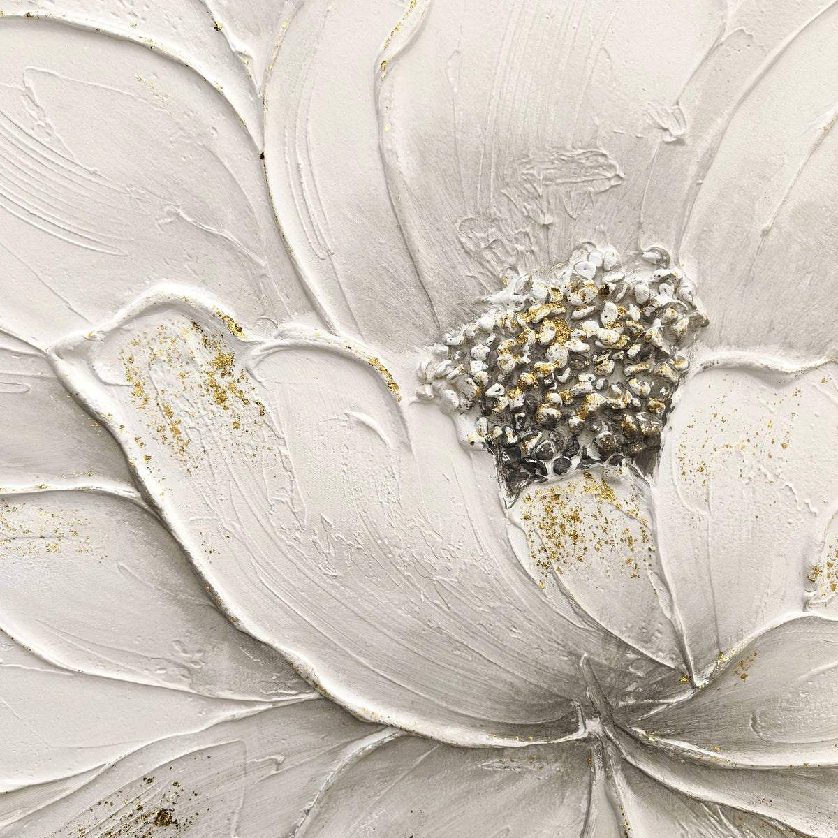 Arte de pared en lienzo de flor de loto, pintura floral texturizada pintada a mano - blanco antiguo
