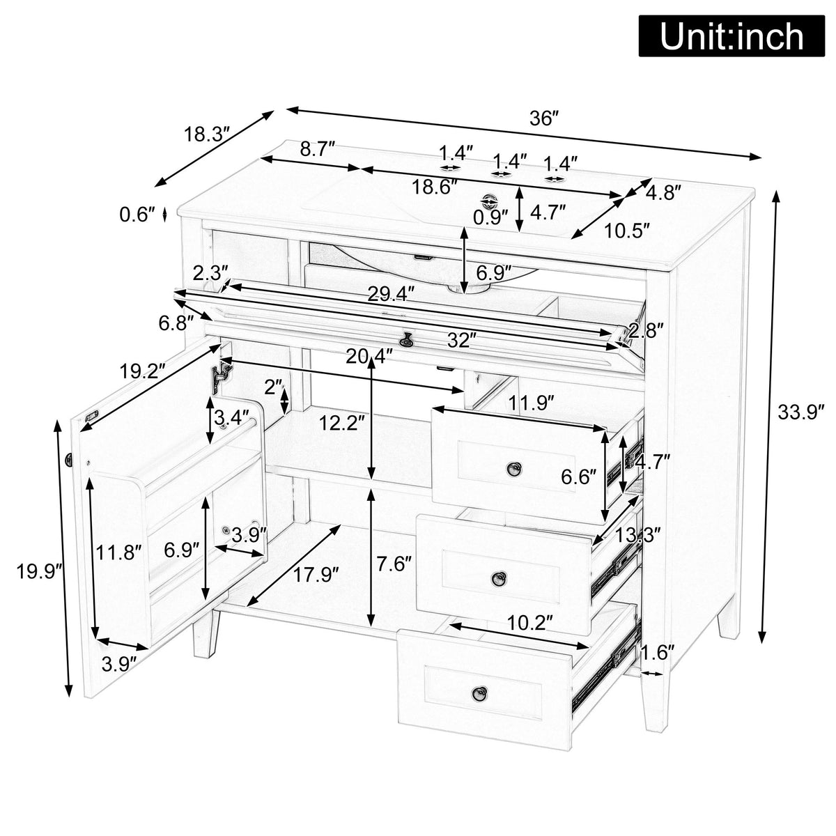 Tocador de baño con lavabo, mueble con 3 cajones y estante ajustable