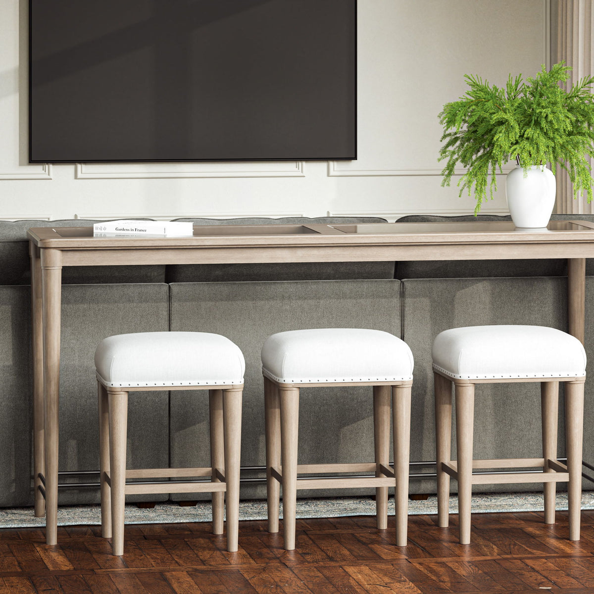 Glass Console Table With 3 Stools - Frosted