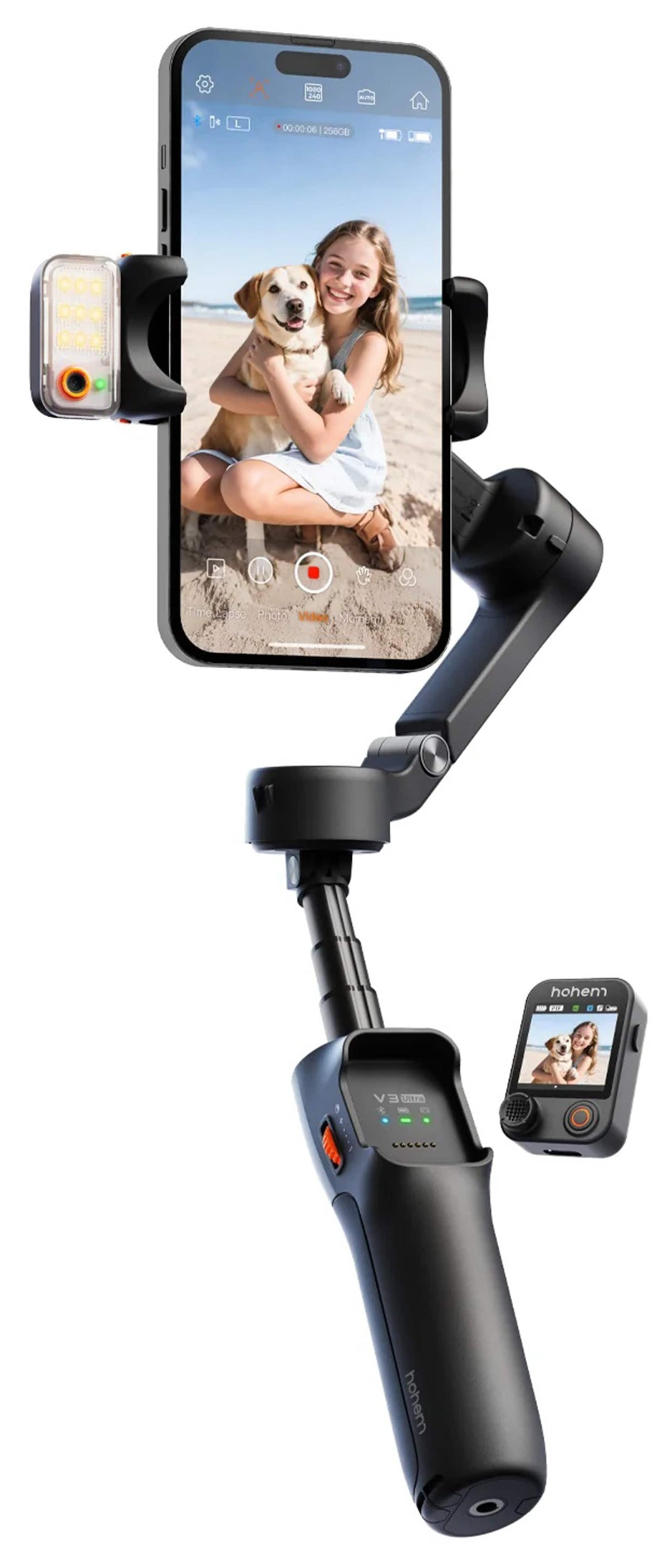 Hohem - iSteady V3 Ultra 3-Axis Gimbal Stabilizer for Smartphone w/ AI Tracking, Detachable Touch Remote, Tripod, & Light - Black