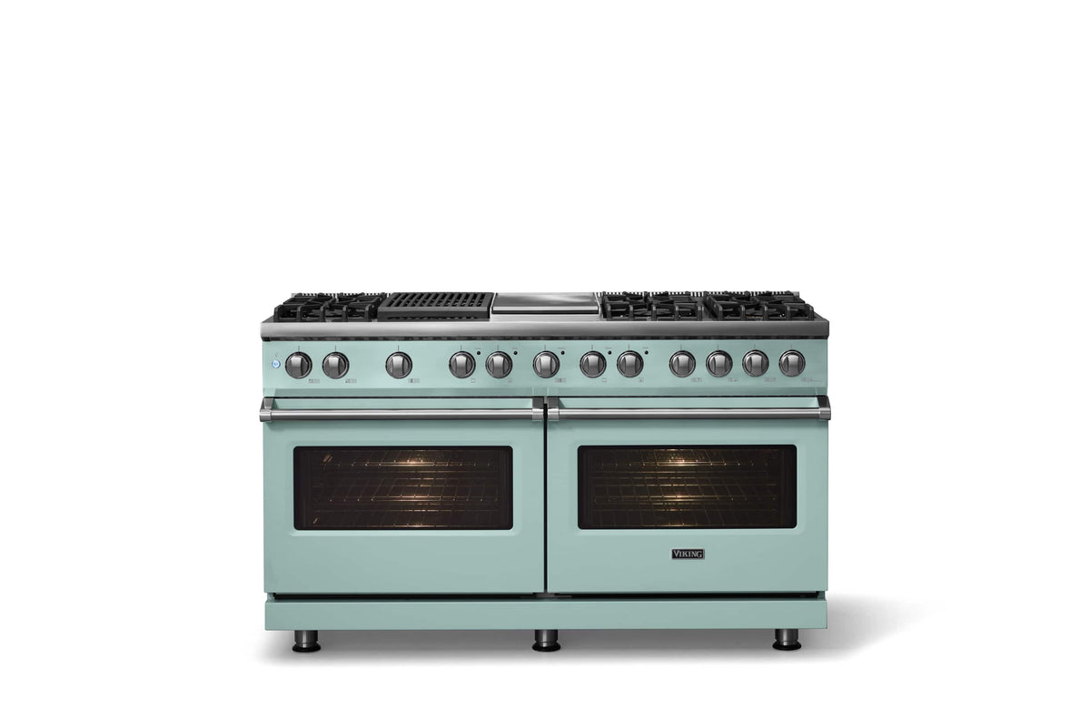 Viking - 60"W. 8 Burner Pro 5 Series 9.4 Cu. Ft. Freestanding Sealed 8 Burner Dual Fuel Convection Range/Griddle/Grill - Splash