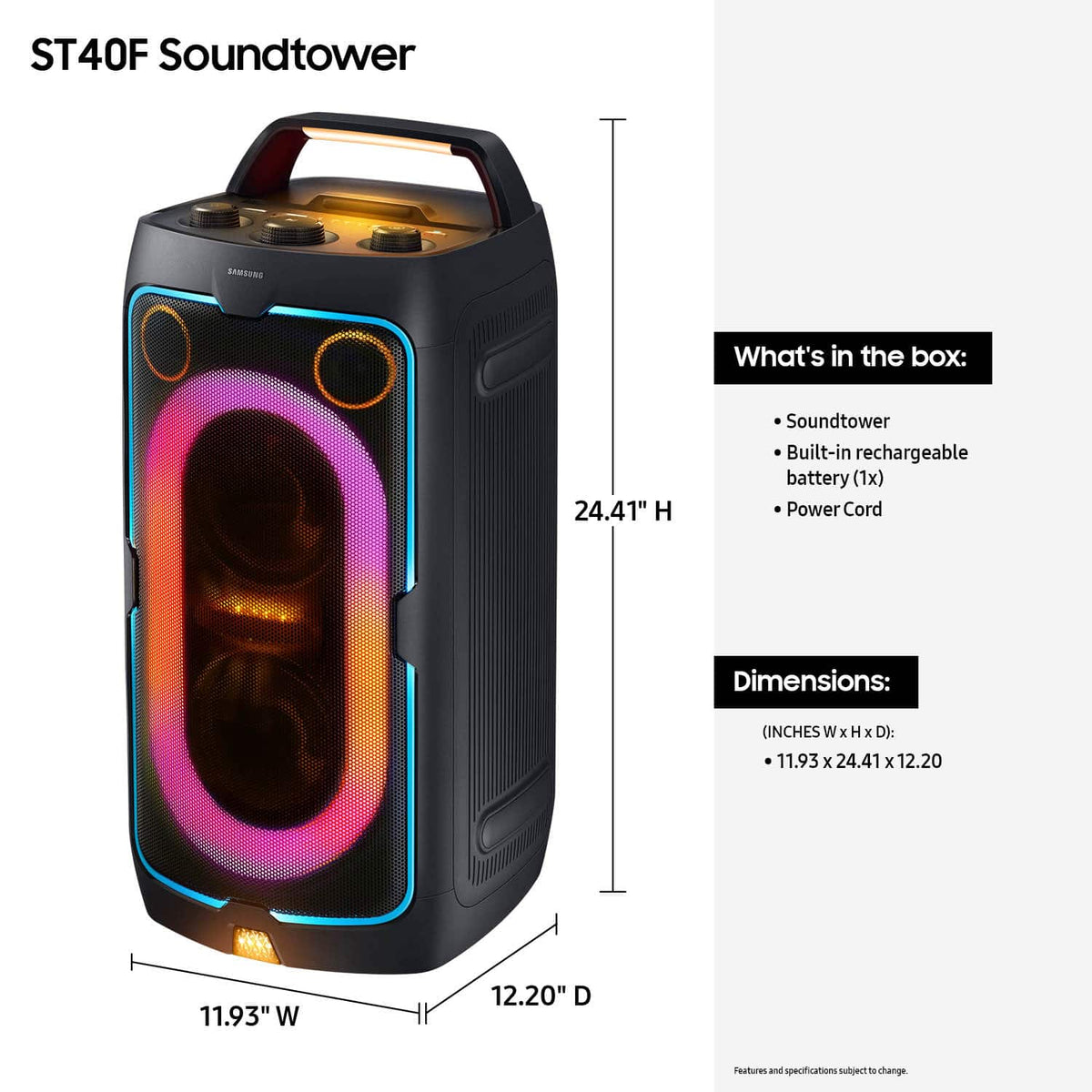 Samsung - MX-ST40F/ZA Sound Tower 160W Portable Party Speaker with Built In Battery - Black