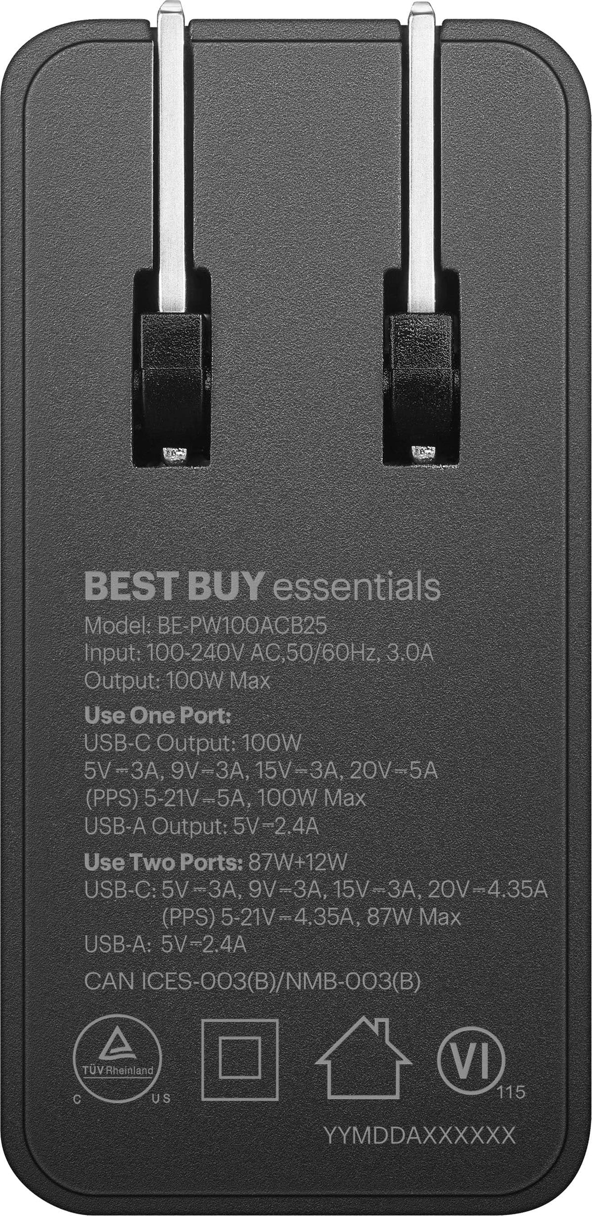 Best Buy essentials™ - 100W Dual Port USB-C and USB Wall Charger for MacBook Pro, iPad, iPhone, Apple Watch, Smartphones & other USB-C Devices - Black