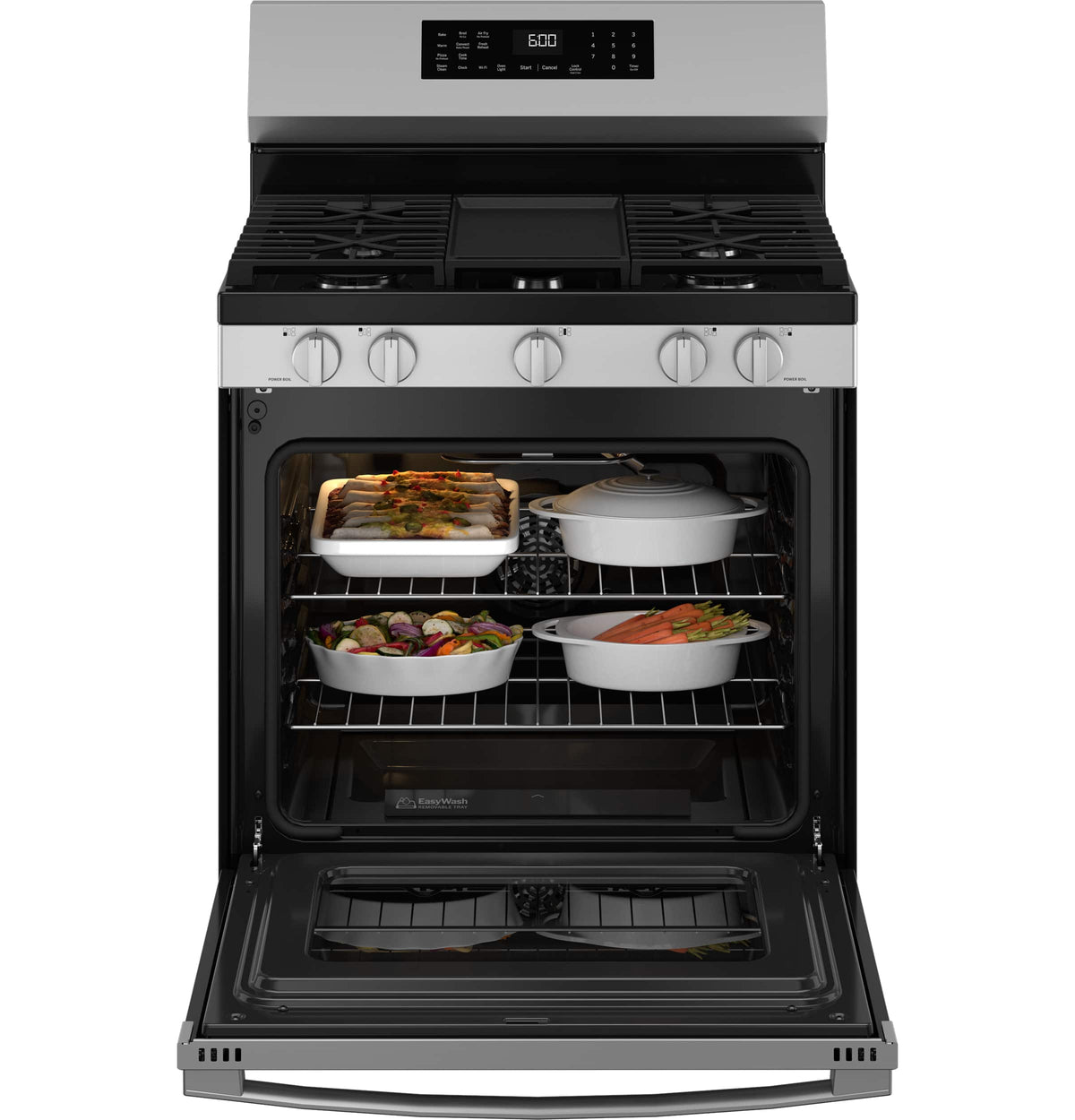 GE - 30 in. Wide 5 Burners 5.3 Cu. Ft. Freestanding Gas Convection Range with Steam Cleaning and EasyWash Oven Tray - Stainless Steel