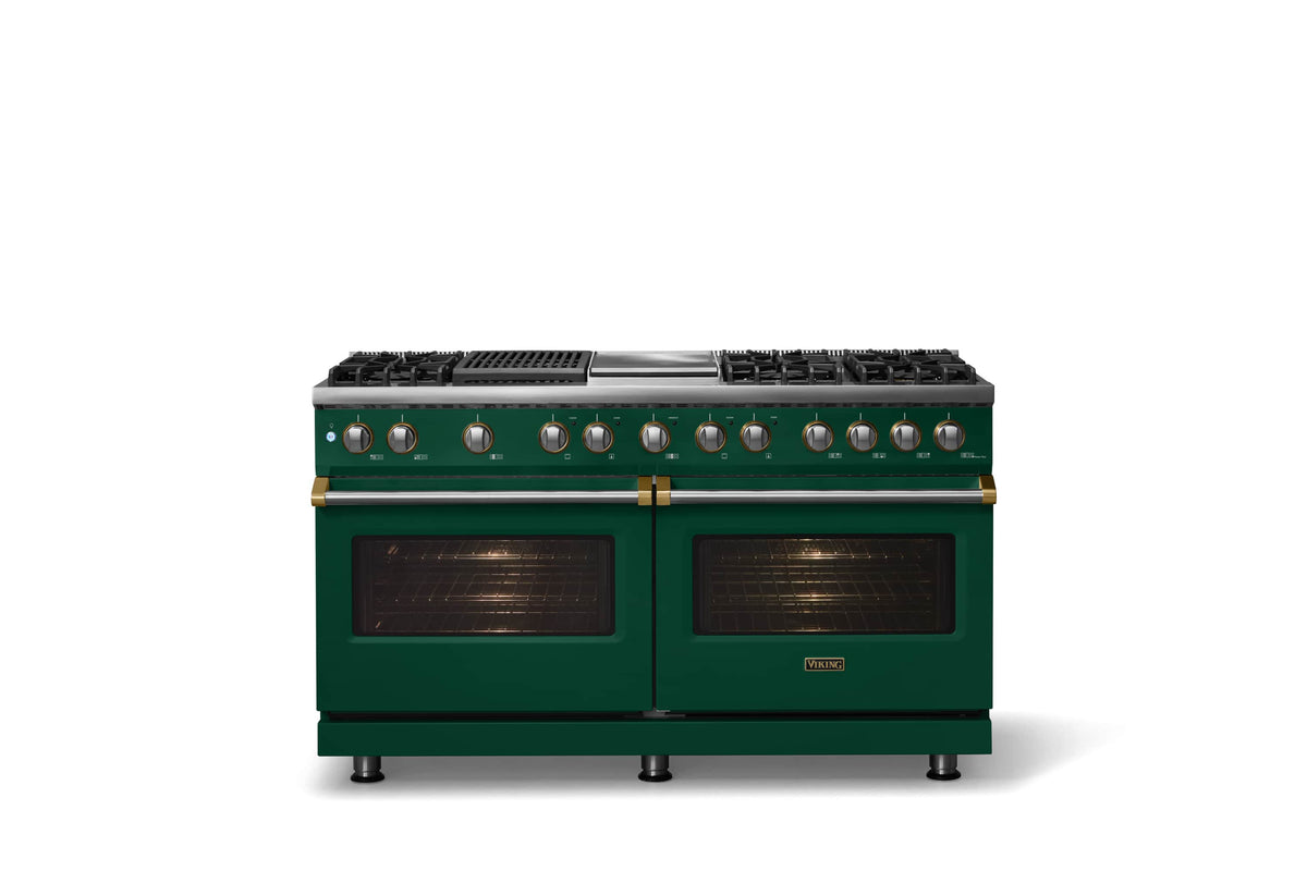 Viking - 60"W. 8 Burner Pro 5 Series 9.4 Cu. Ft. Freestanding Sealed LP Dual Fuel ConvectionRange with Brushed Brass Trim - Ivy