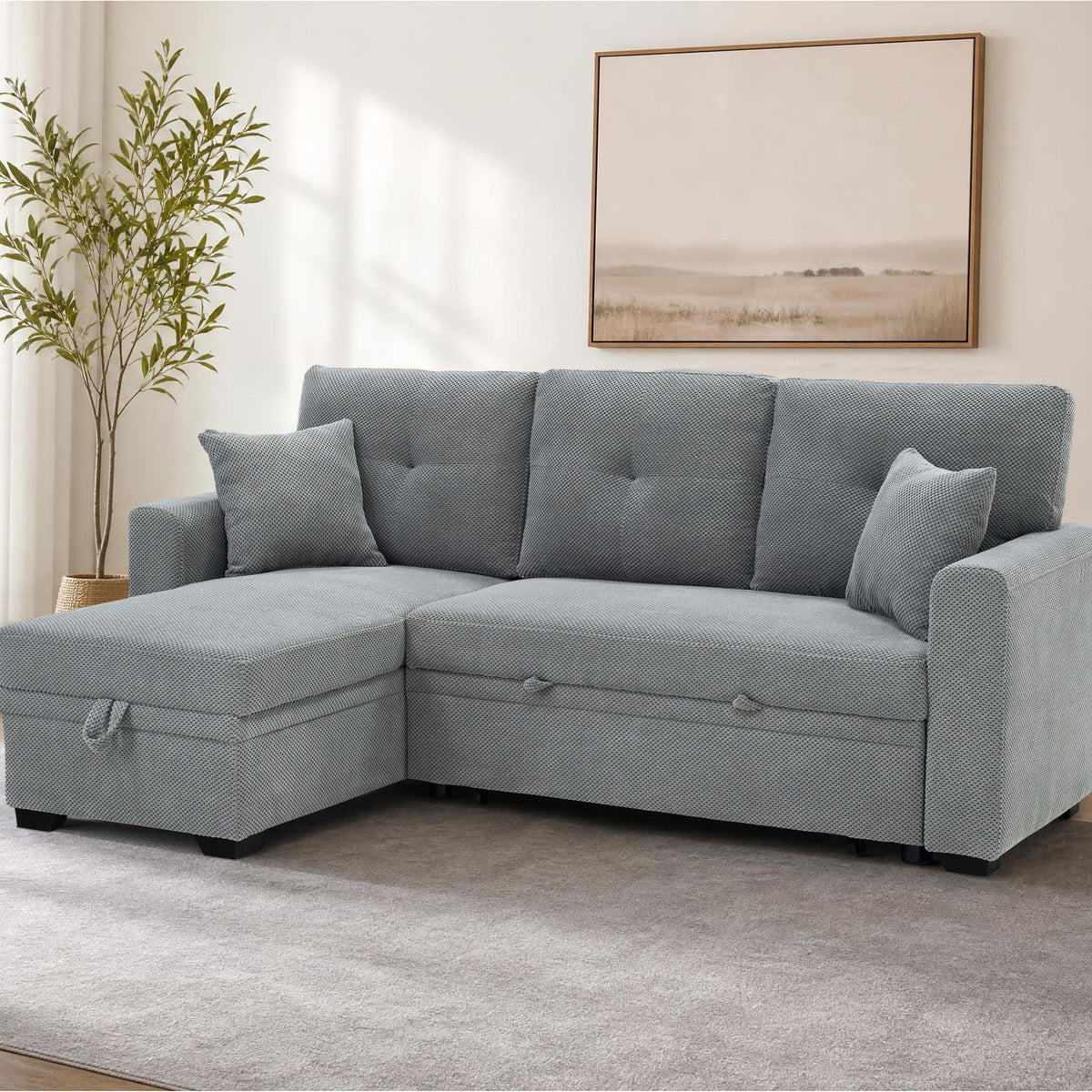Sofá seccional cama con nido extraíble, chaiselongue reversible