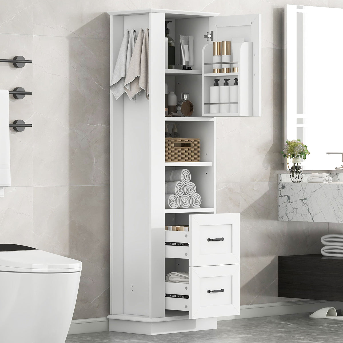 Armario de almacenamiento de baño independiente con estantes ajustables y panel de ganchos laterales, diseño rectangular