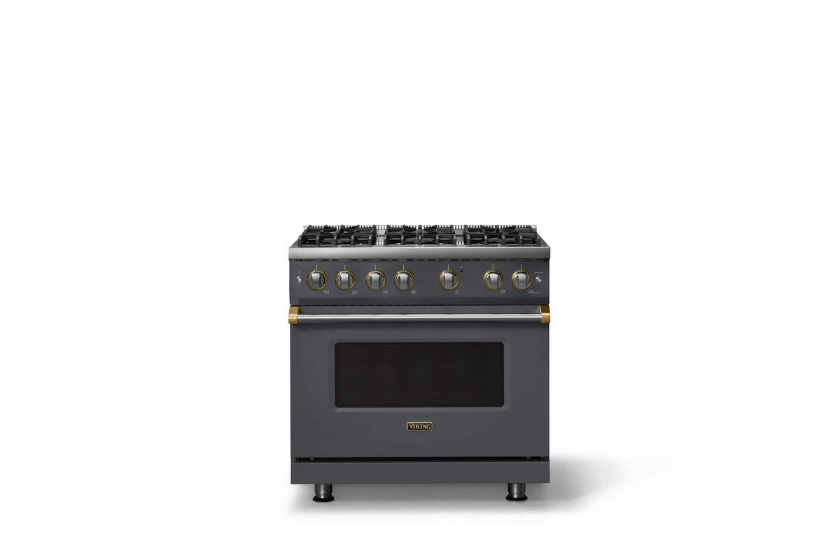Viking - 36 in. Wide 6 Burner Pro 5 Series 5.1 Cu. Ft. Freestanding Sealed Burner Gas Convection Range with Brushed Brass Trim - Cast Black