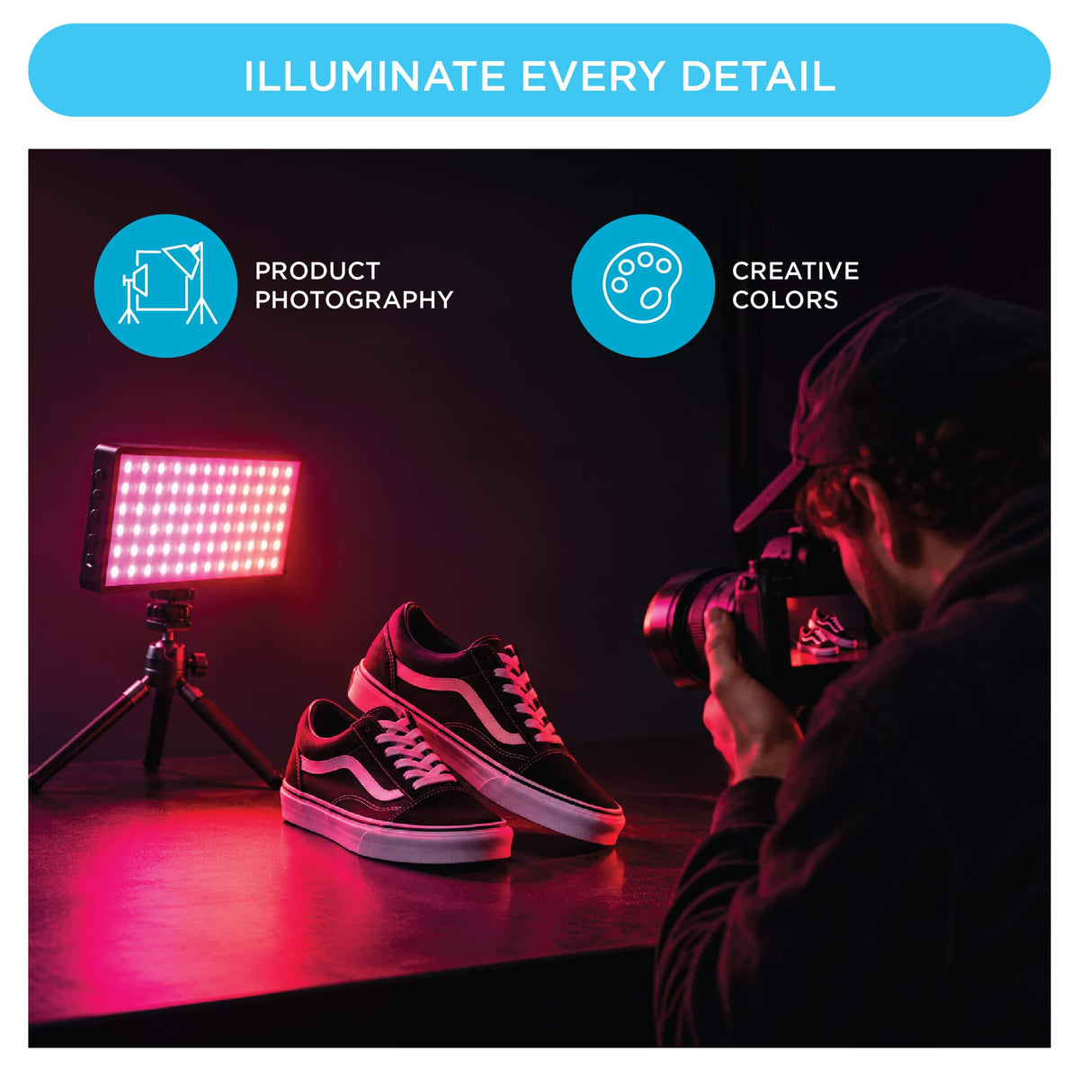 Bower - Aura Light Portable RGB LED Video Light with Rechargeable Battery and Cold Shoe Adapter - Black