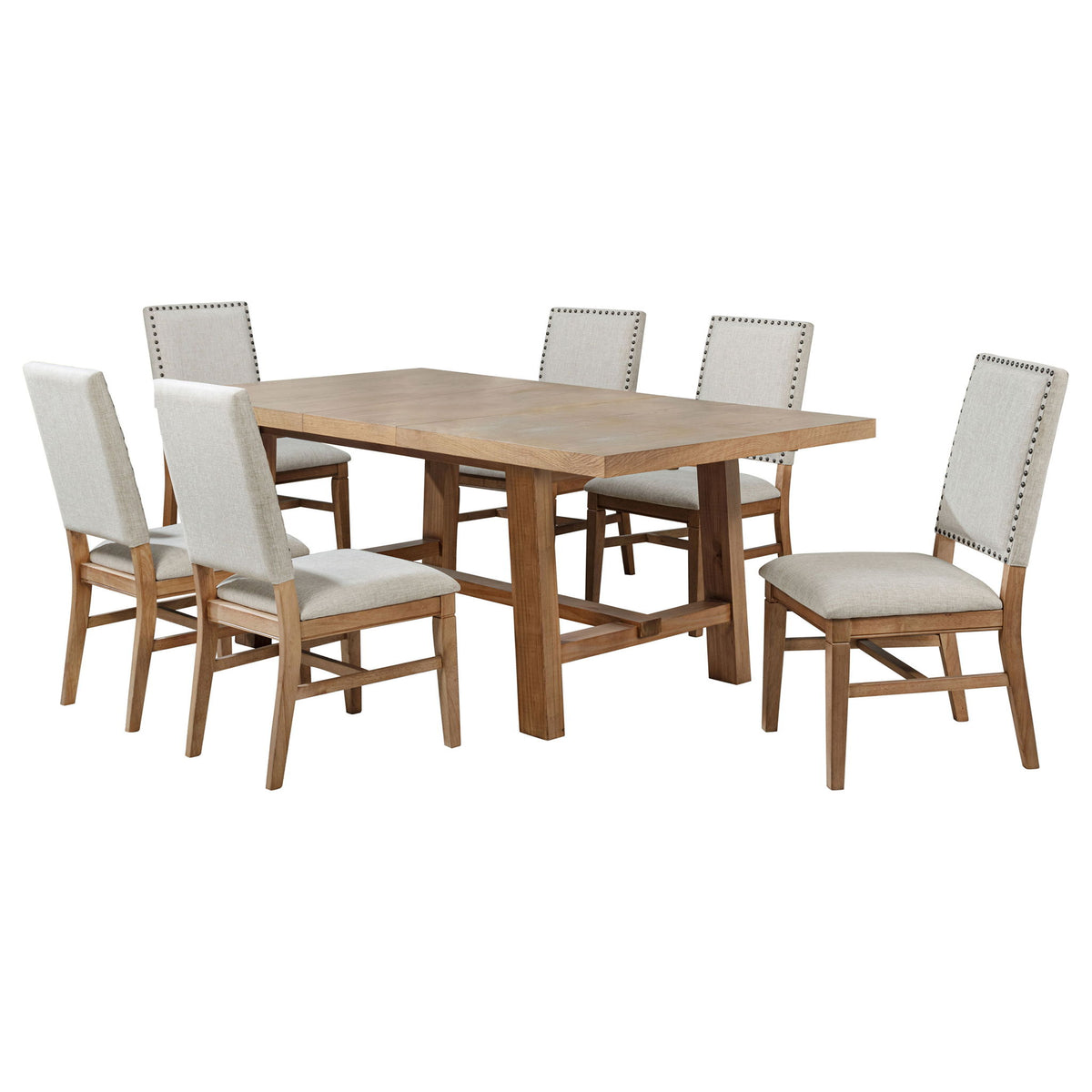 Carlos - Mesa de comedor con 7 sillas tapizadas modelo hoja - Marrón/Beige