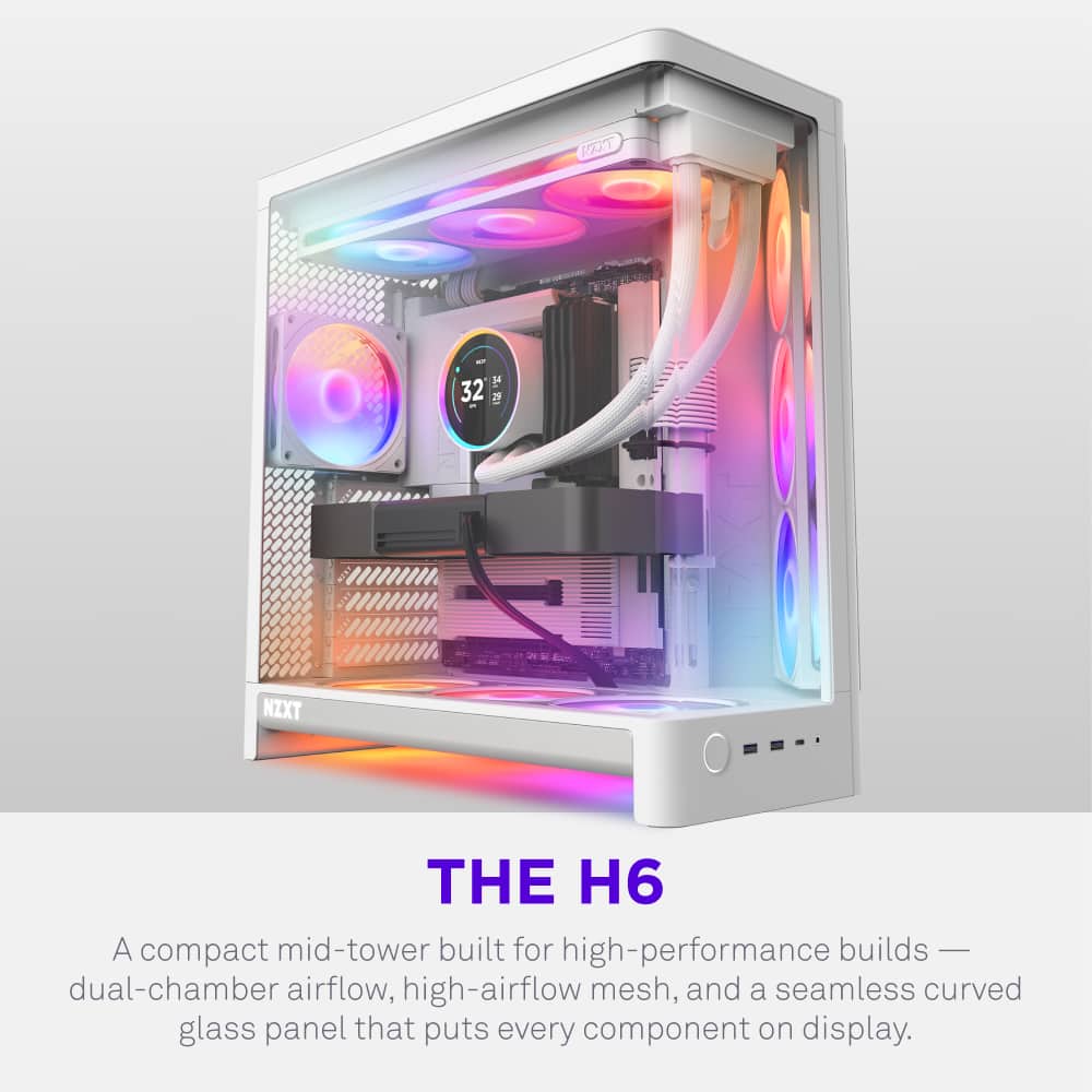 NZXT - H6 - ATX Dual-Chamber PC Case with Seamless Curved Tempered Glass - White