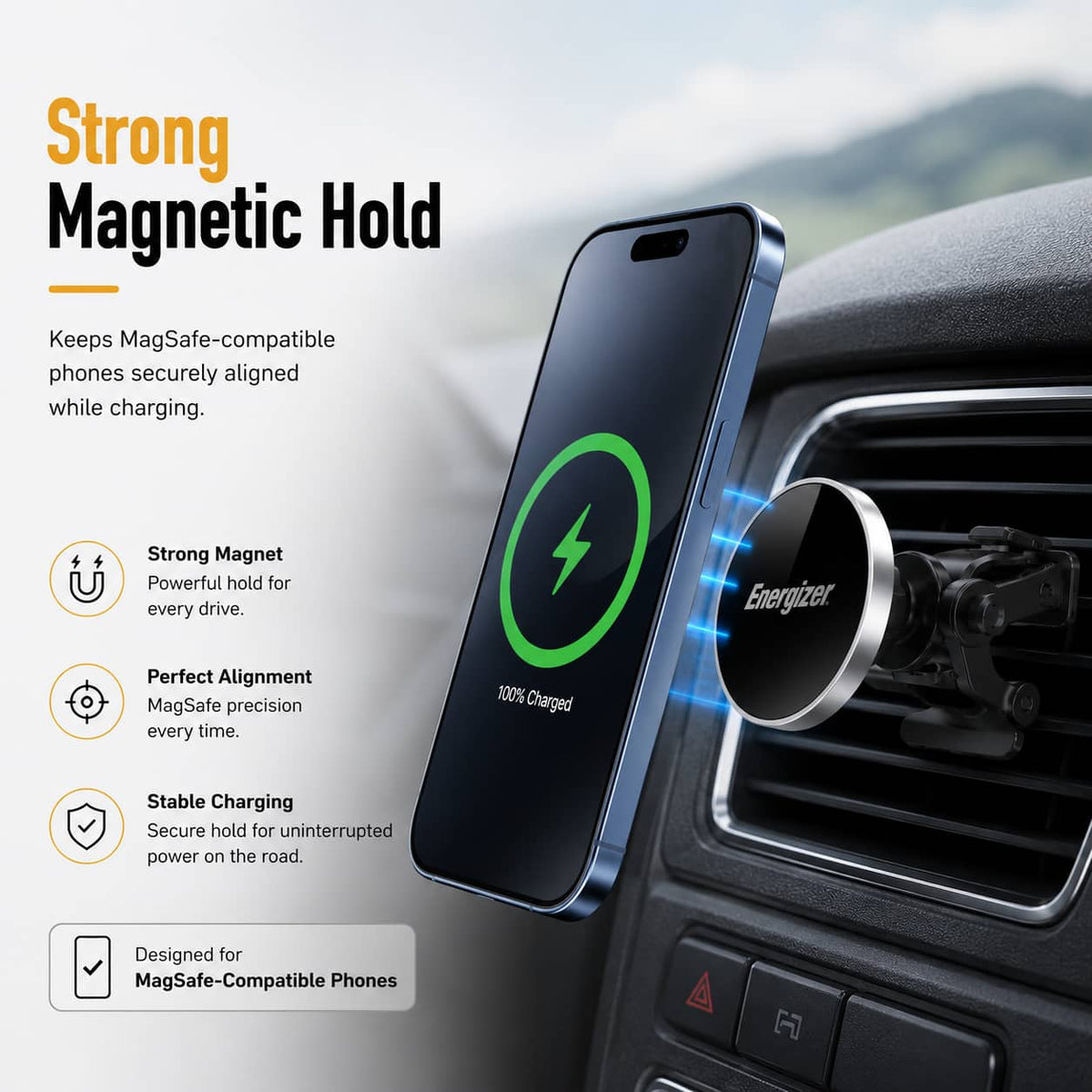 Energizer - Ultimate 15W MagSafe Magnetic Universal 3-in-1 Wireless Car Charger/Mount with Vent, Dash and Windshield Mounts Included - Silver