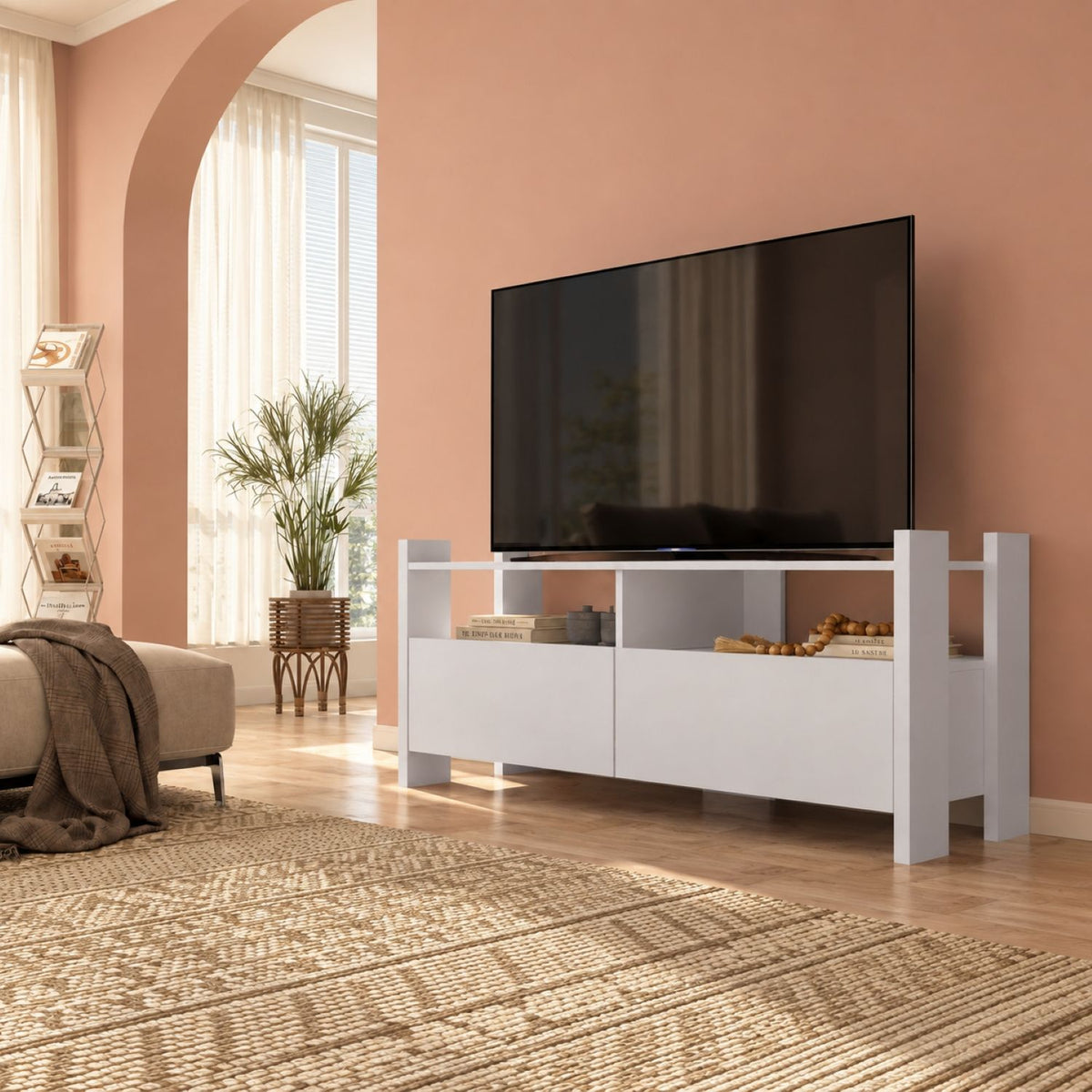 TV Stand For TVs Up To 55" With Open Shelves And 2 Drawers - White