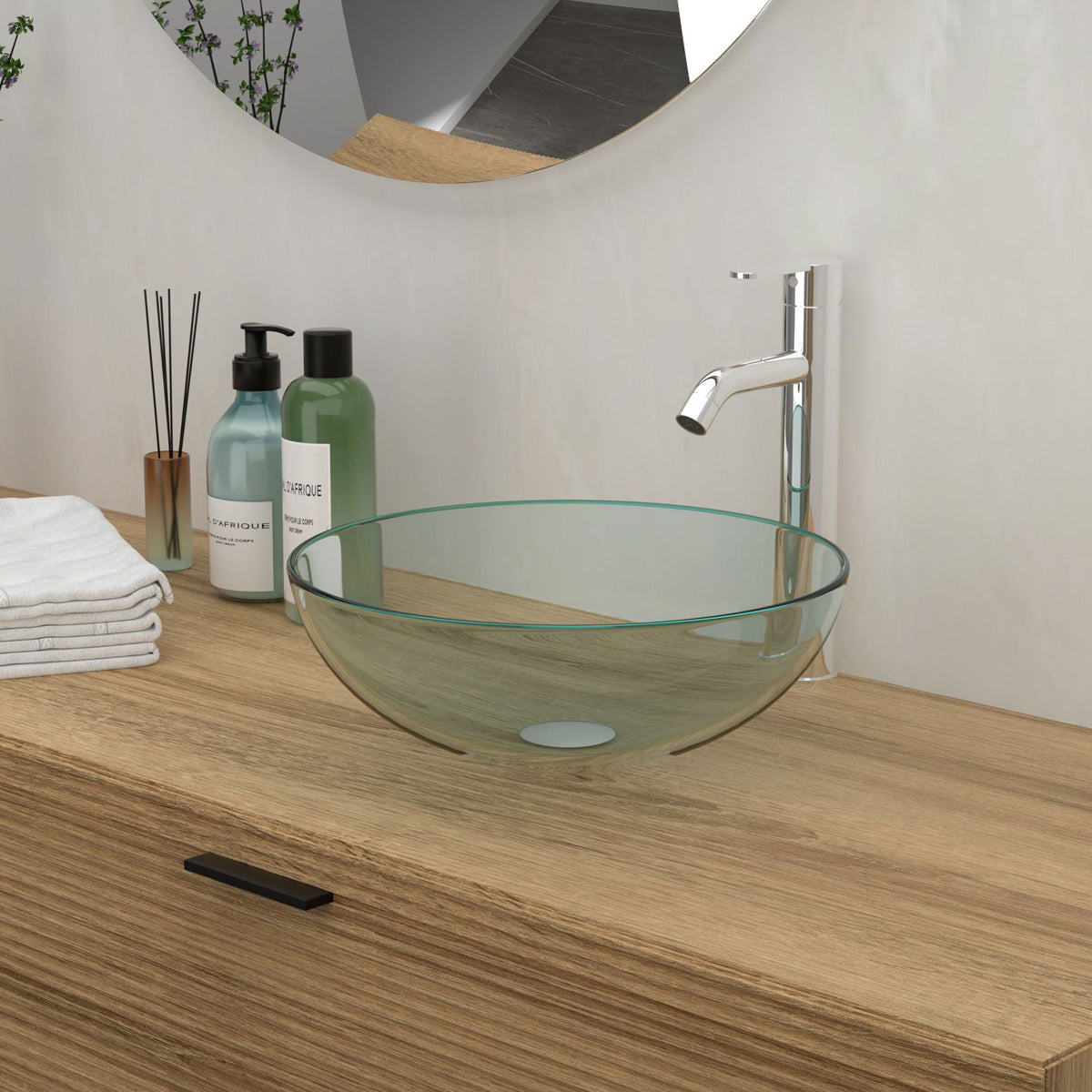 Artistic Tempered Glass Vessel Sink With Pop Up Drain