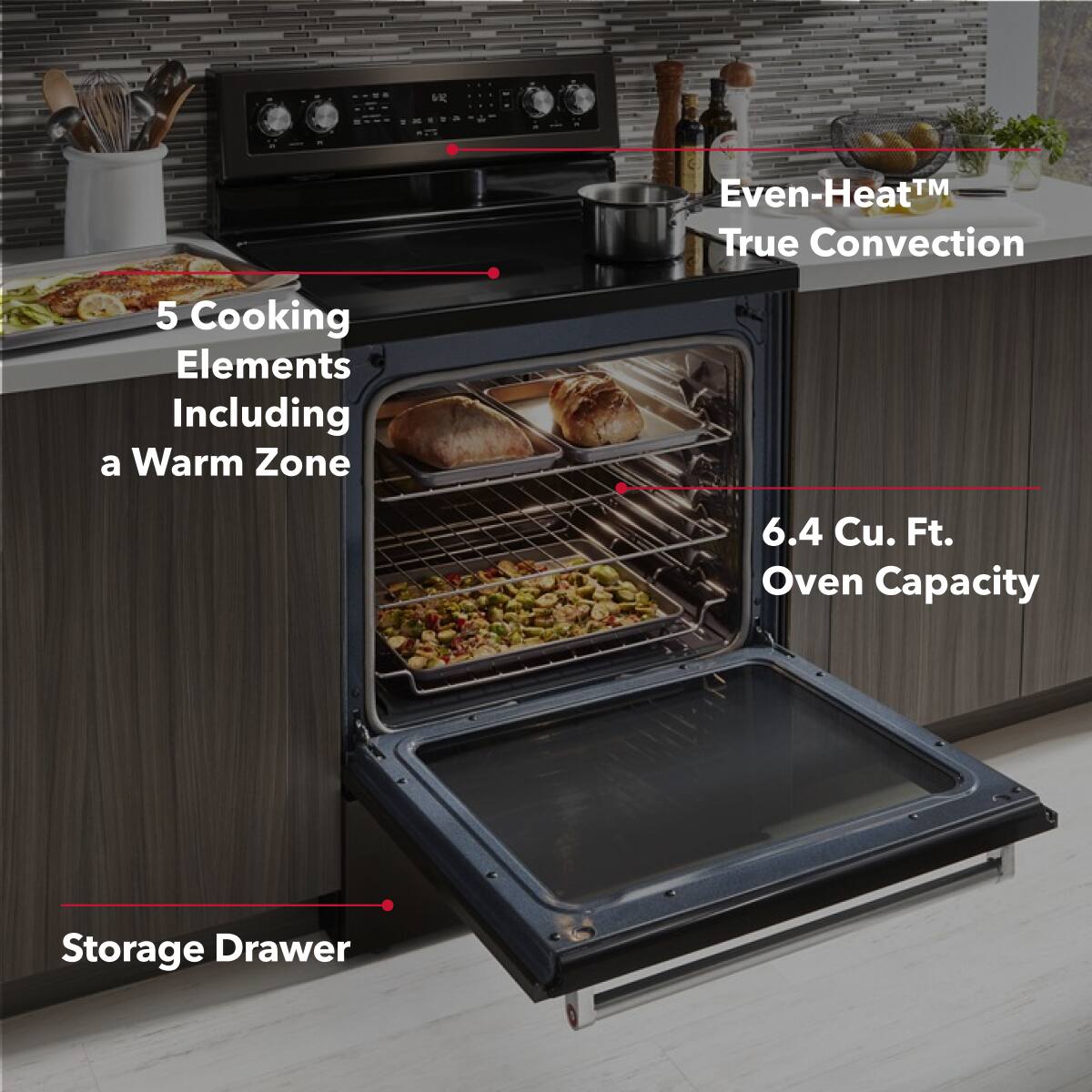 KitchenAid - 30 in. Wide 3 elements 6.4 cu. ft. Self-Cleaning Freestanding Electric Convection Range - Black Stainless Steel
