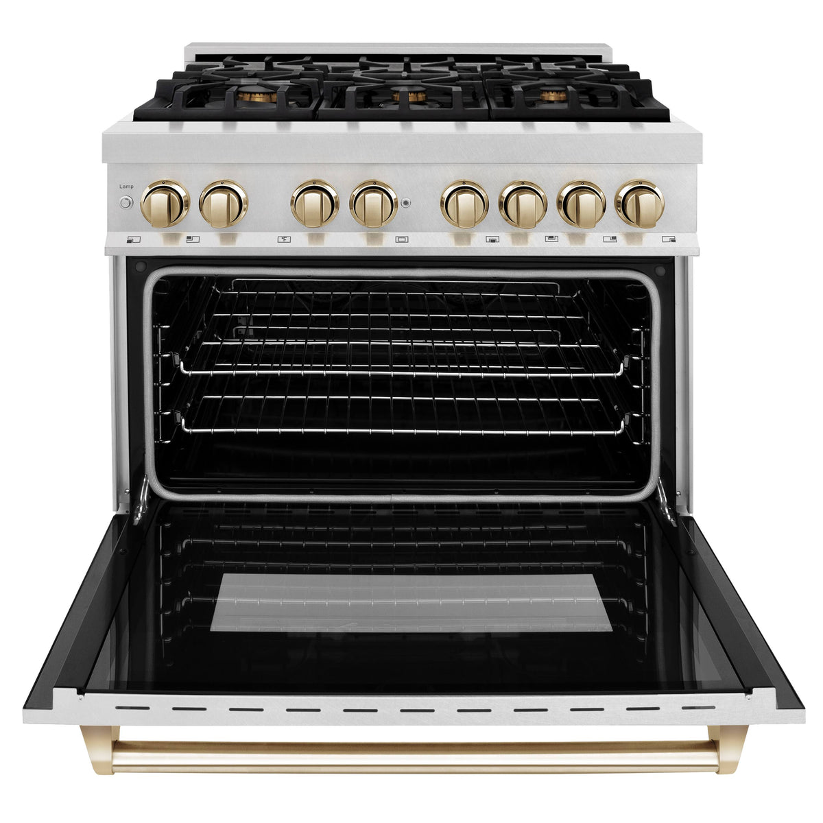 36 in. Wide 6 Burner ZLINE Autograph Legacy Dual Fuel Range in Satin Steel & Gold Accents (RASZ-SN-36-G) - Stainless Steel