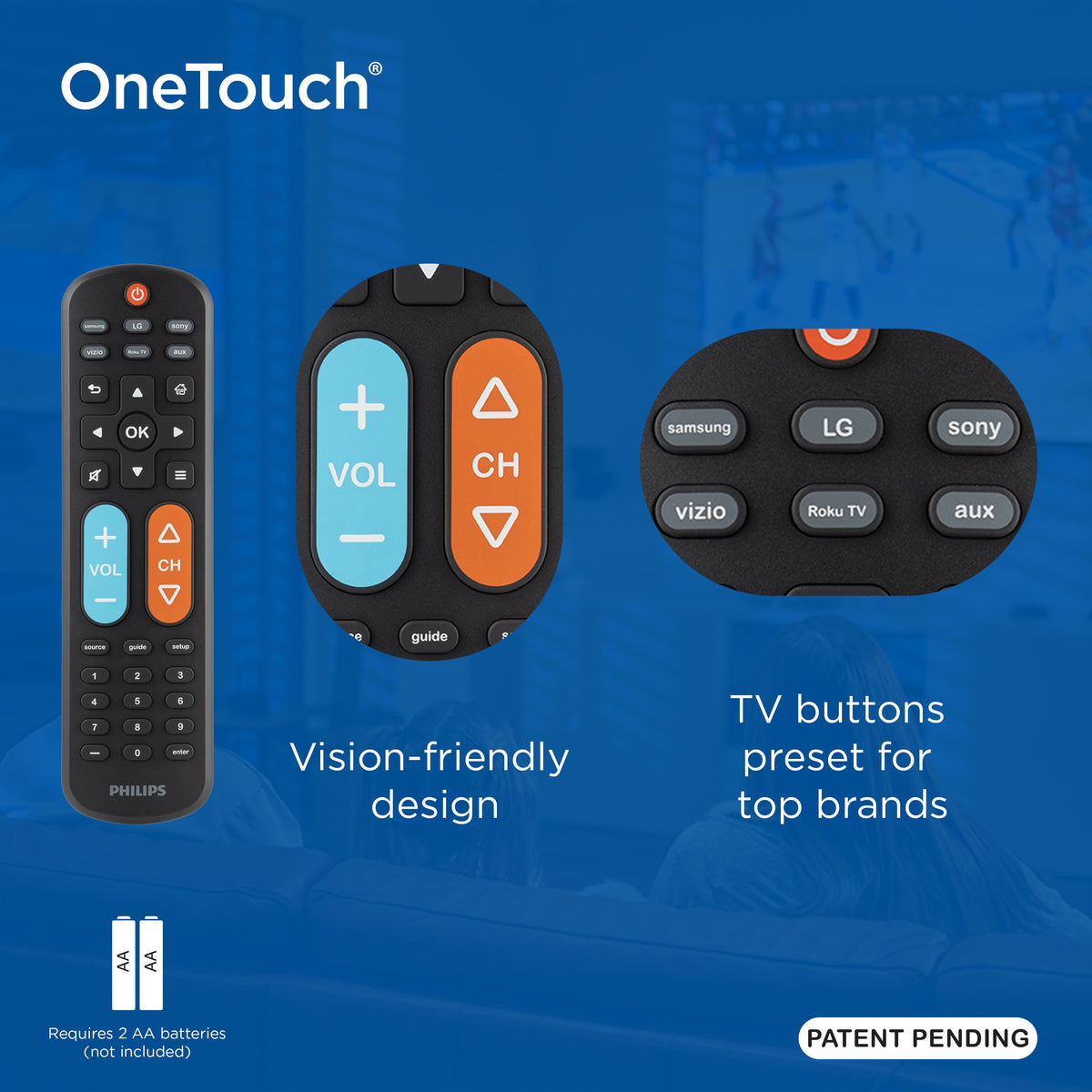 Philips - OneTouch Big Button MotionGlow Universal Remote for Samsung Smart TV, LG, Sony, VIZIO, Fire TV, Roku TV - Black