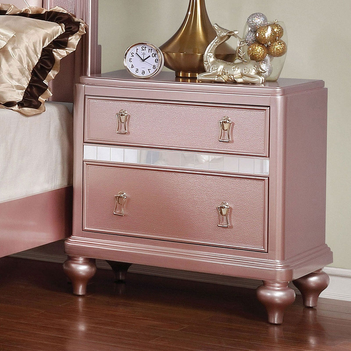 Mesa de noche con paneles decorativos de espejo, diseño de 2 cajones - Oro rosa