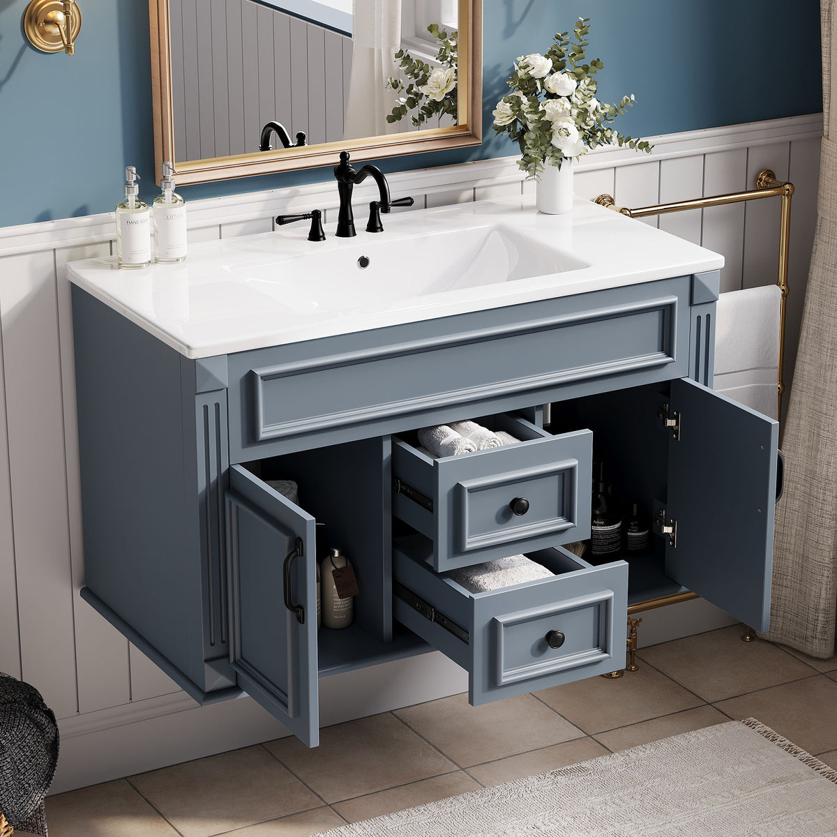 Gabinete de baño de estilo francés sencillo montado en la pared con lavabo