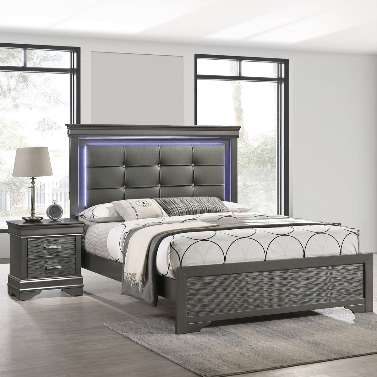 Cama con capitoné de botones cuadrados y luces LED