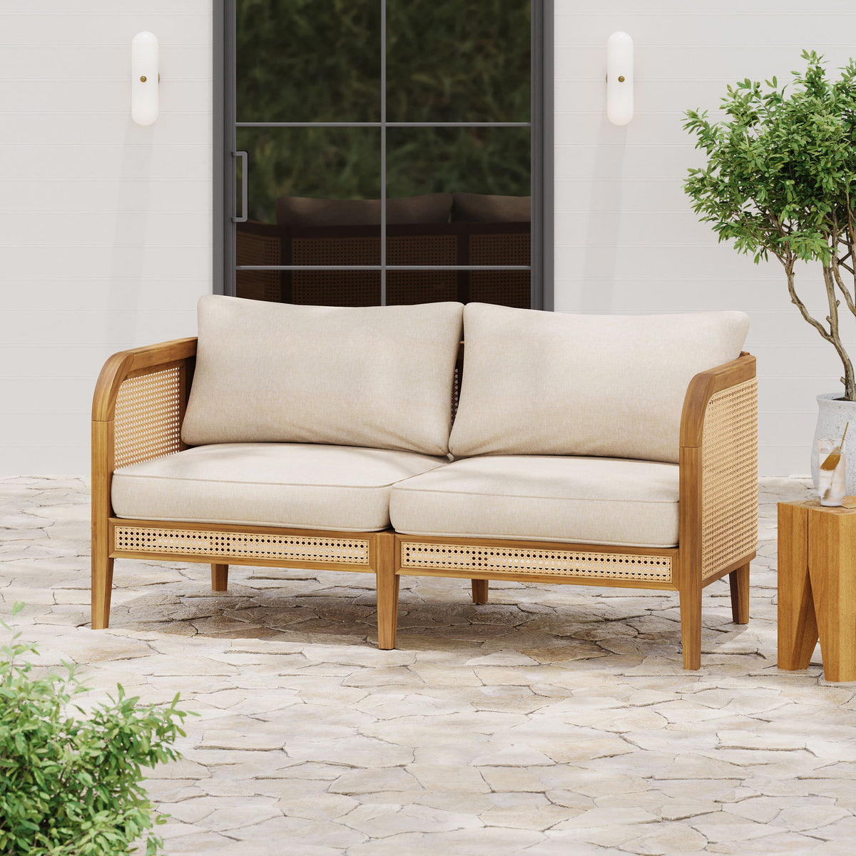 Kirkby - Bohemian Outdoor Patio Cushioned Sofa Weatherproof 56.25In - Teak / Beige