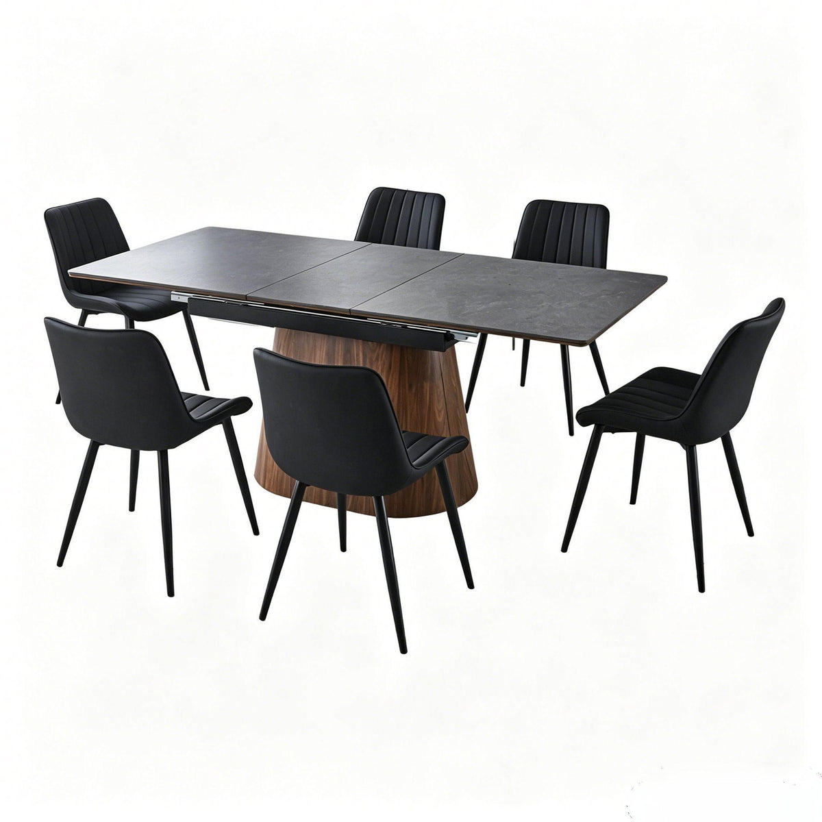 Mesa de comedor extensible con base cónica y 6 sillas de comedor - Marrón / Negro