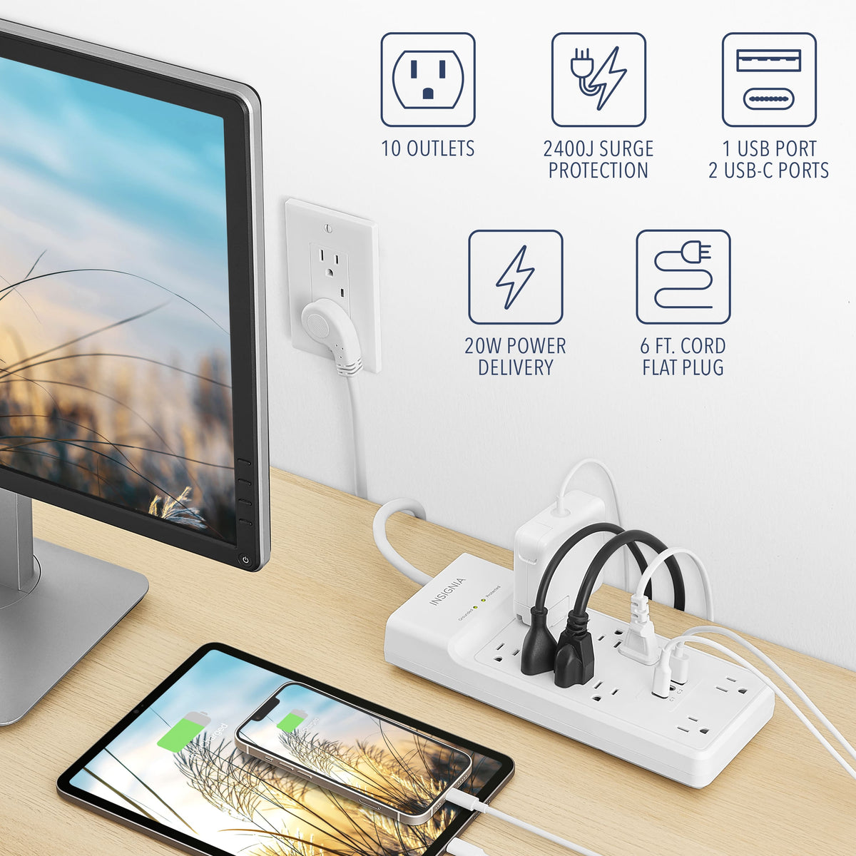 Insignia™ - 10-Outlet / 2-USB-C / 1-USB 2,400 Joules Surge Protector Strip with 6 ft. Power Cord - White
