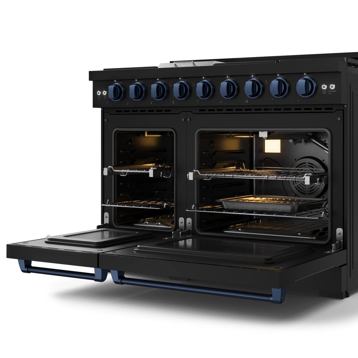 48 in. Wide 7 Burner Gordon Ramsay Series by Thor Kitchen 6.8 Cu. Ft Freestanding Gas Range with Navy Blue Hardware - Black