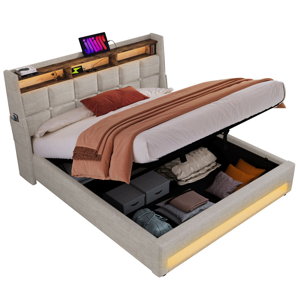Cama con plataforma con almacenamiento hidráulico, iluminación LED y estación de carga
