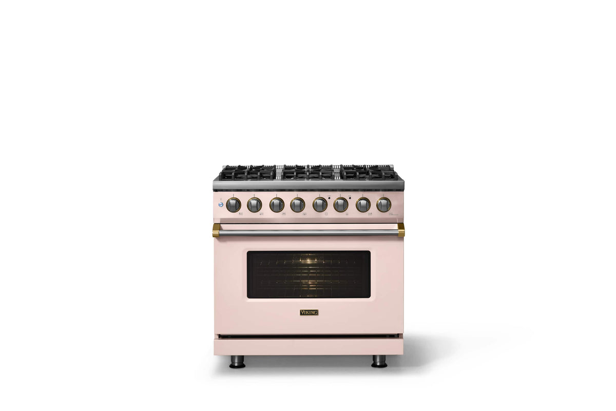 Viking - 36"W 5.6 Cu.Ft. Pro5S Freestanding Sealed 6 Burner Dual Fuel Convection LP Range - Blush w. Brushed Brass Trim - Blush