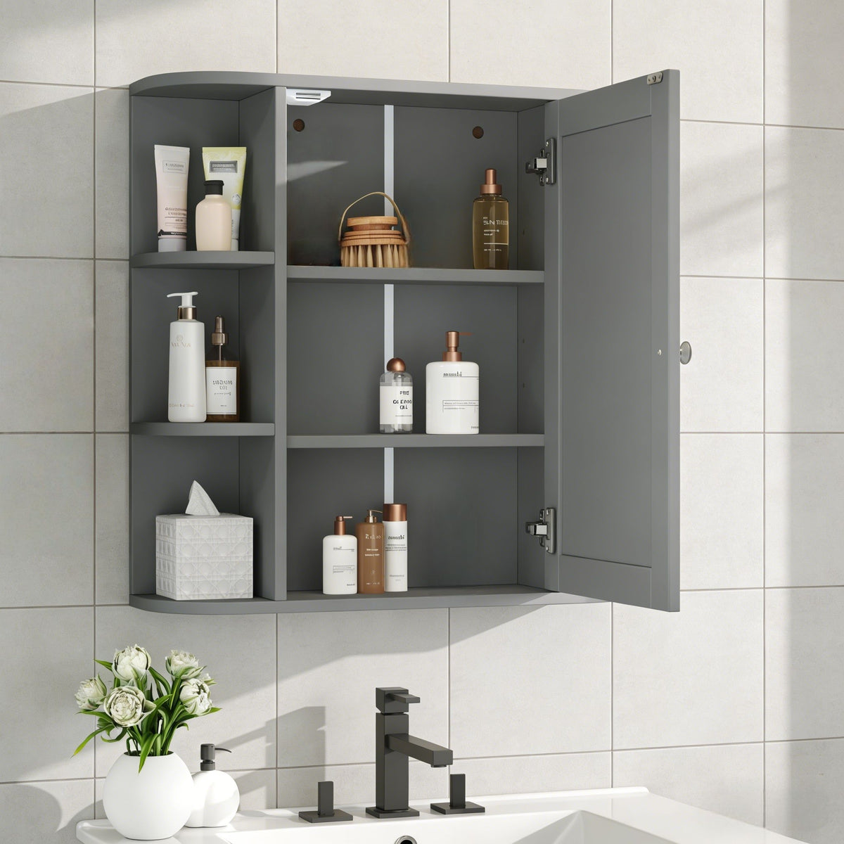Armario de pared para baño con espejo y estante ajustable, 6 estantes abiertos