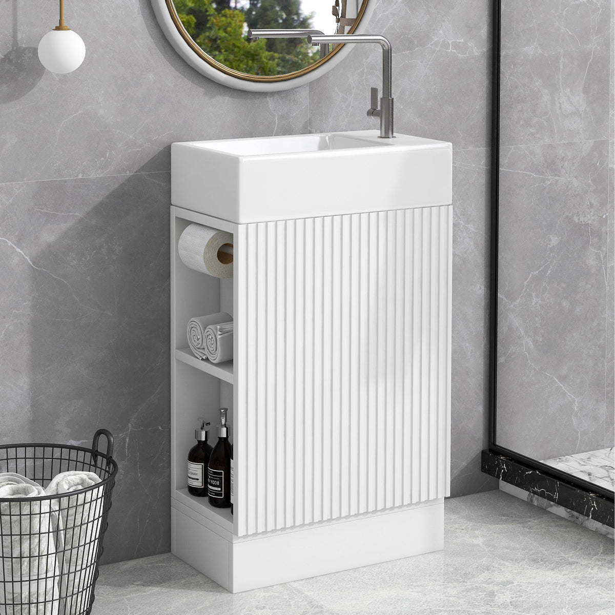 Tocador de baño moderno con lavabo y estante de 2 niveles